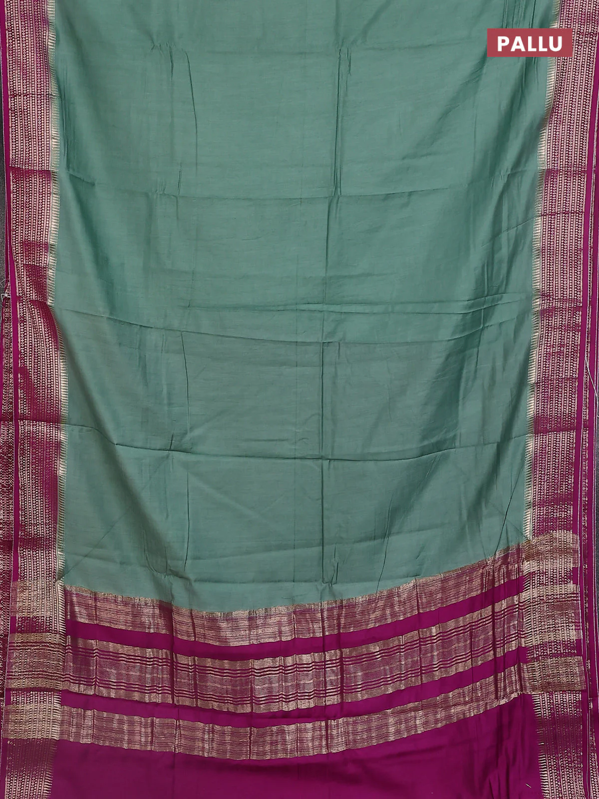 Semi mangalgiri saree pastel green and purple with plain body and zari woven border - Image 3
