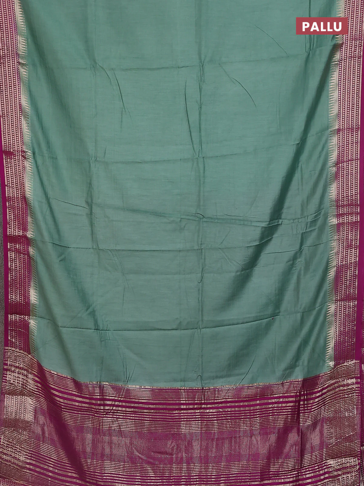 Semi mangalgiri saree pastel green and violet with plain body and zari woven border - Image 3