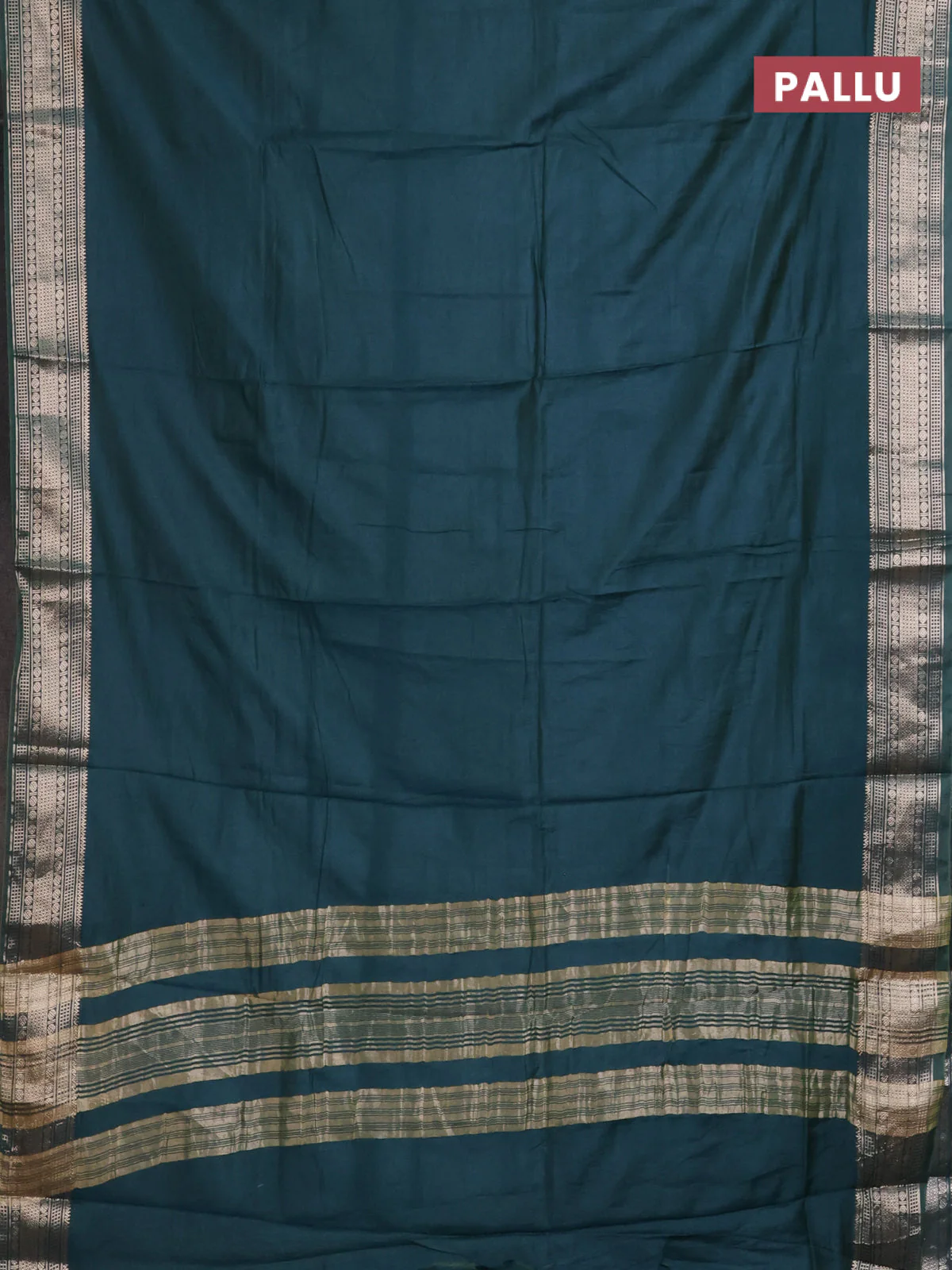 Semi mangalgiri saree peacock green with plain body and zari woven border - Image 3