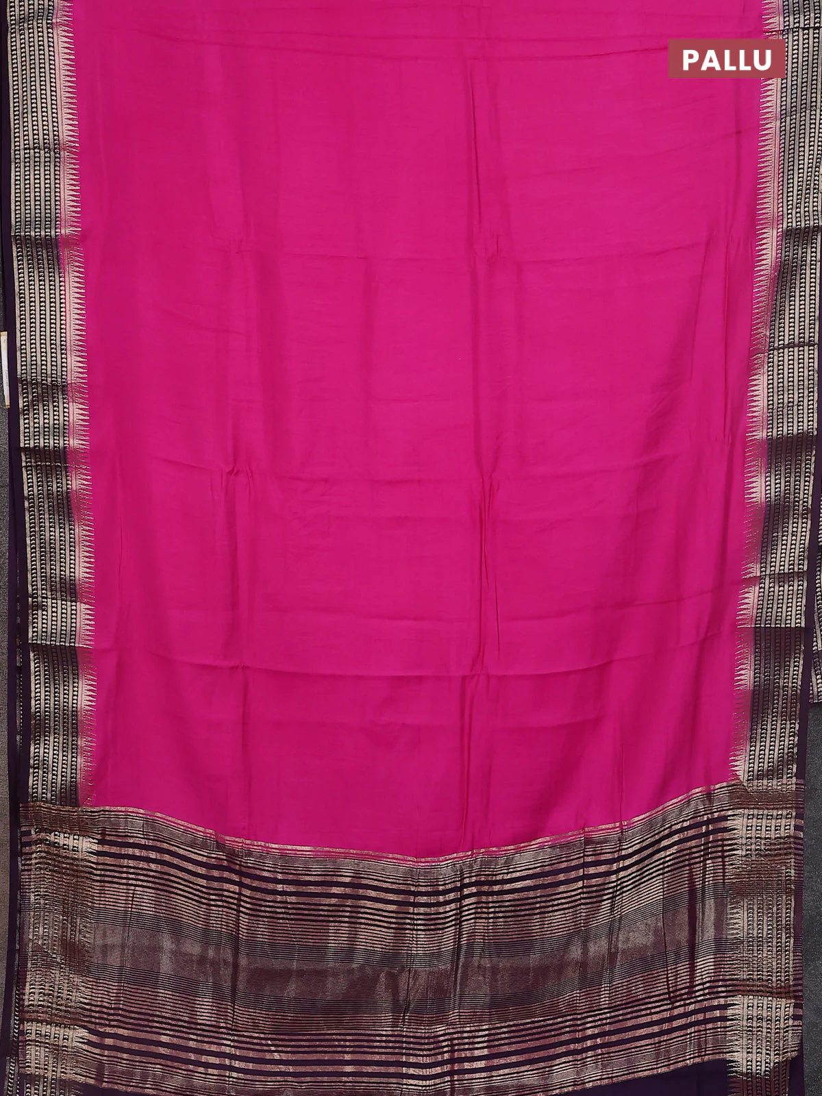 Semi mangalgiri saree pink and deep purple with plain body and zari woven border - Image 3