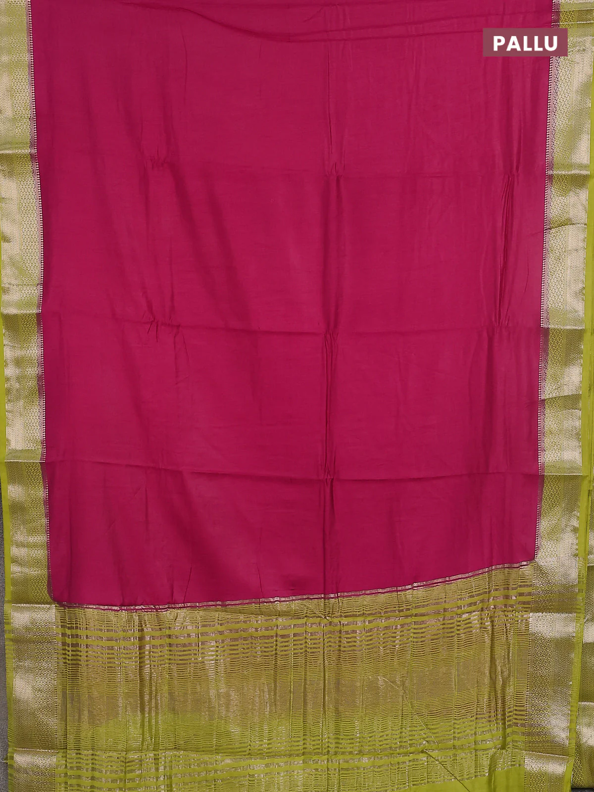 Semi mangalgiri saree pink and lime green with plain body and zari woven border - Image 3