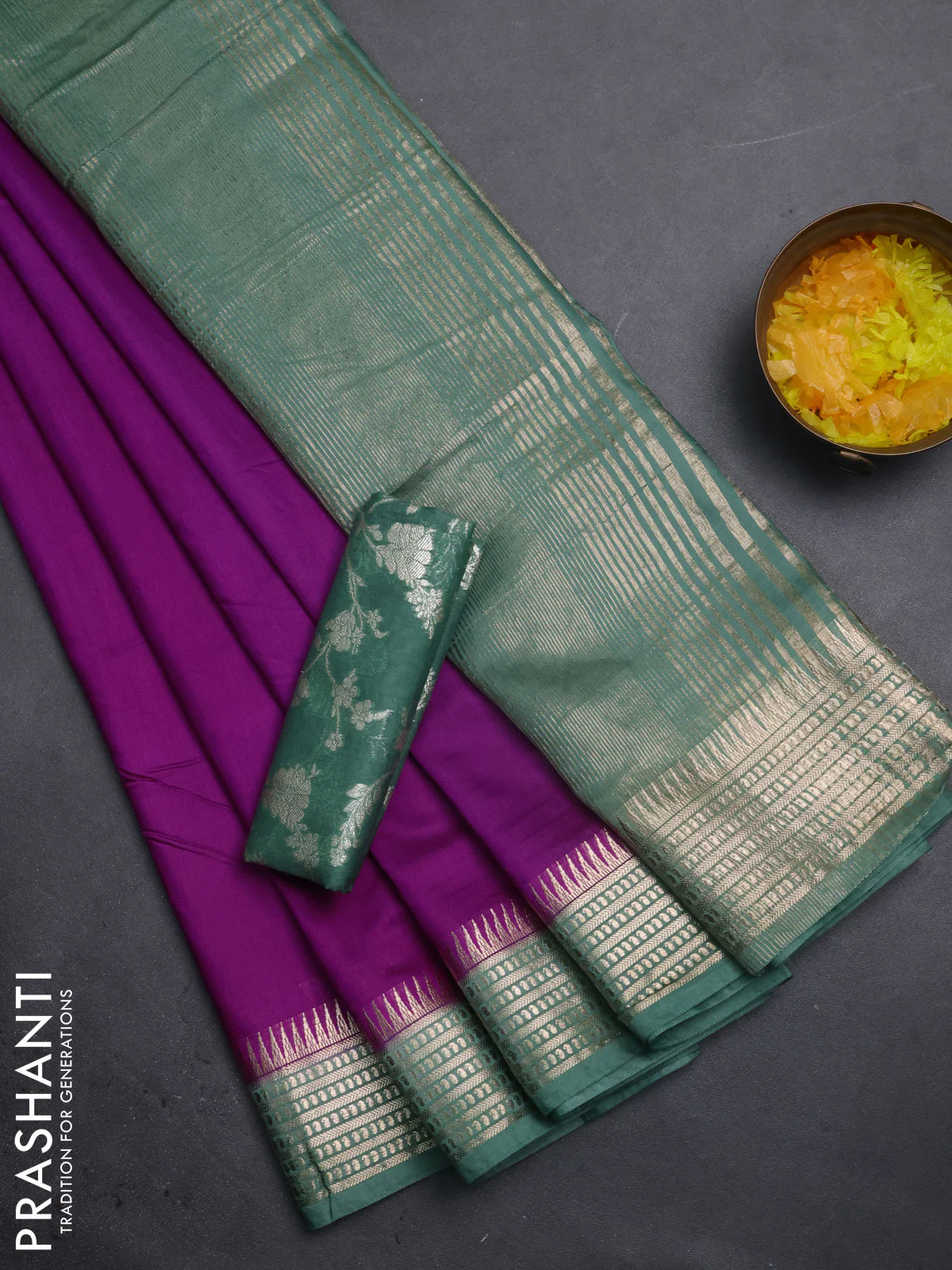 Semi mangalgiri saree purple shade and pastel green with plain body and zari woven border