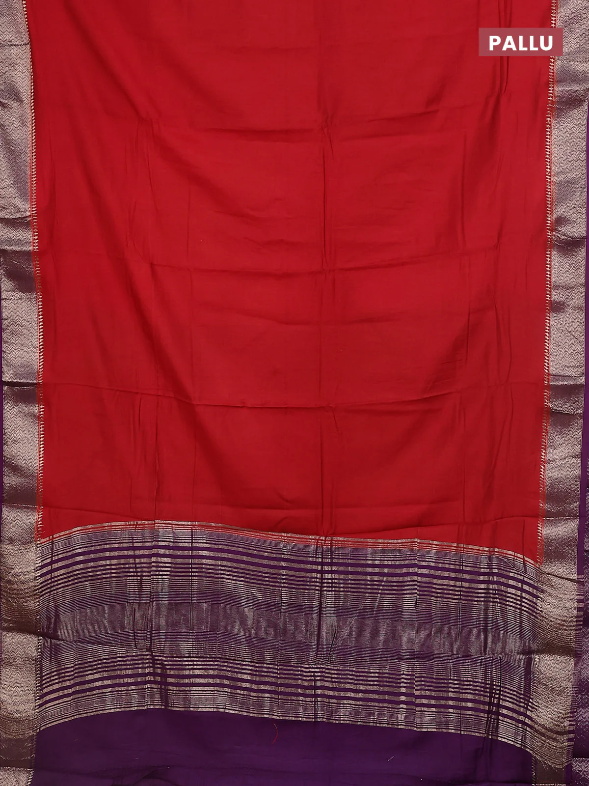 Semi mangalgiri saree red shade and purple with plain body and zari woven border - Image 3