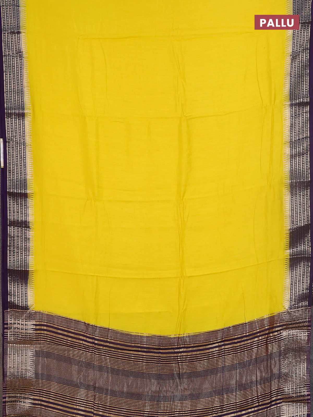 Semi mangalgiri saree yellow and purple with plain body and zari woven border - Image 3