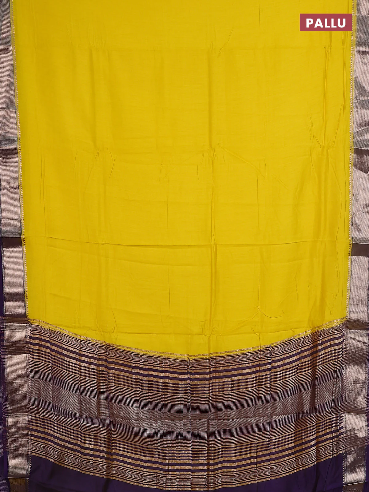 Semi mangalgiri saree yellow and violet with plain body and zari woven border - Image 3