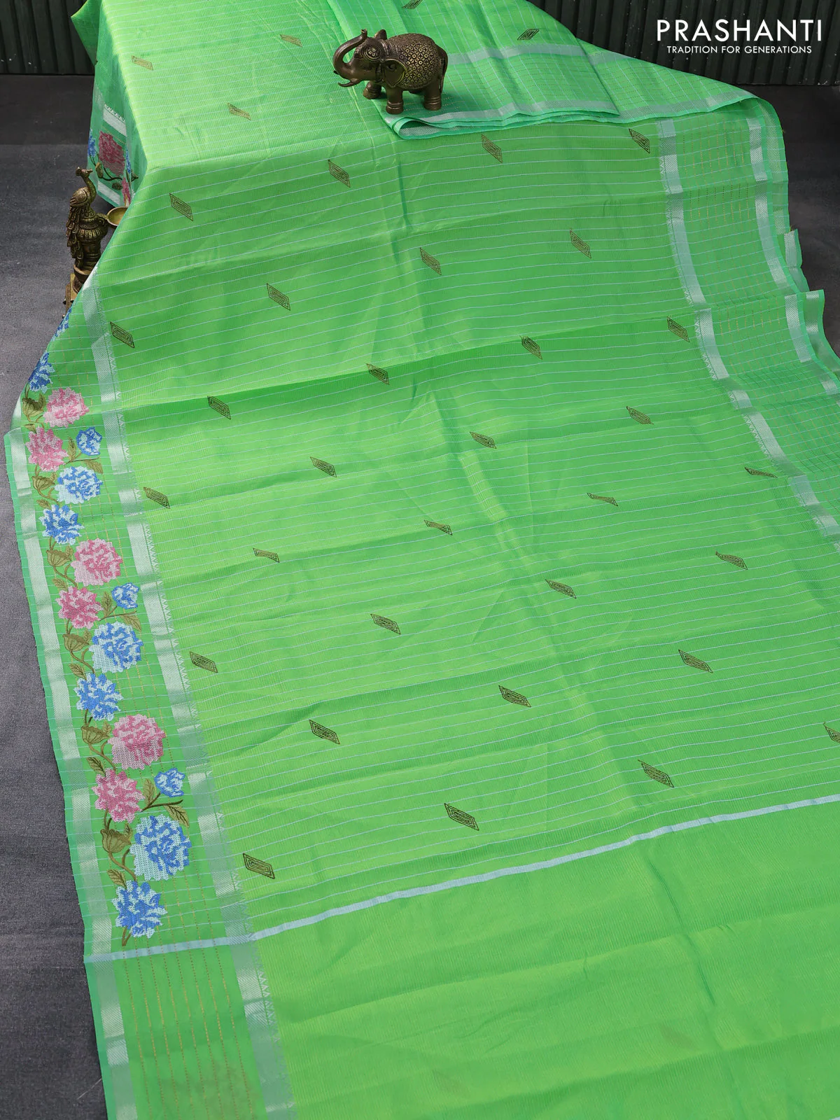Semi Mangalgiri silk cotton saree light green with stripes pattern & embroidery work buttas and floral design embroidery work border - Image 2