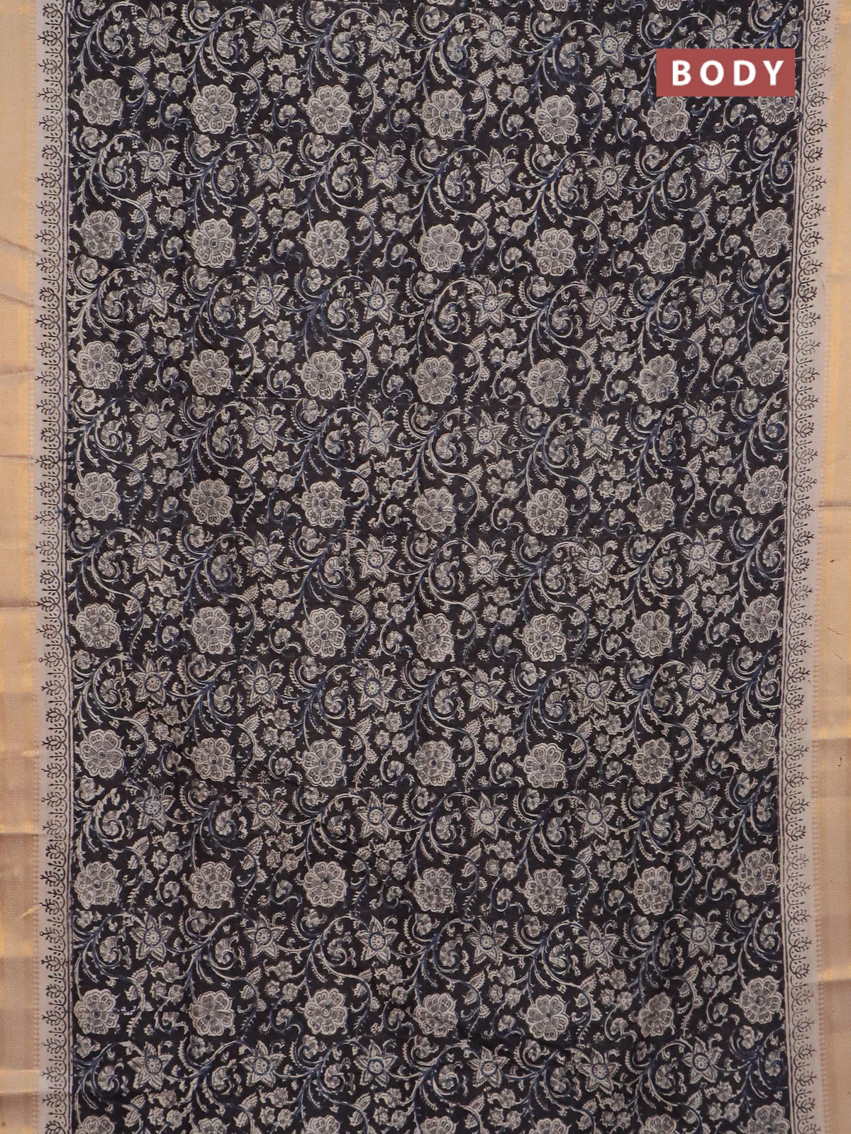 Semi mangalgiri silk saree black and beige with allover kalamkari block prints and zari woven border - Image 2