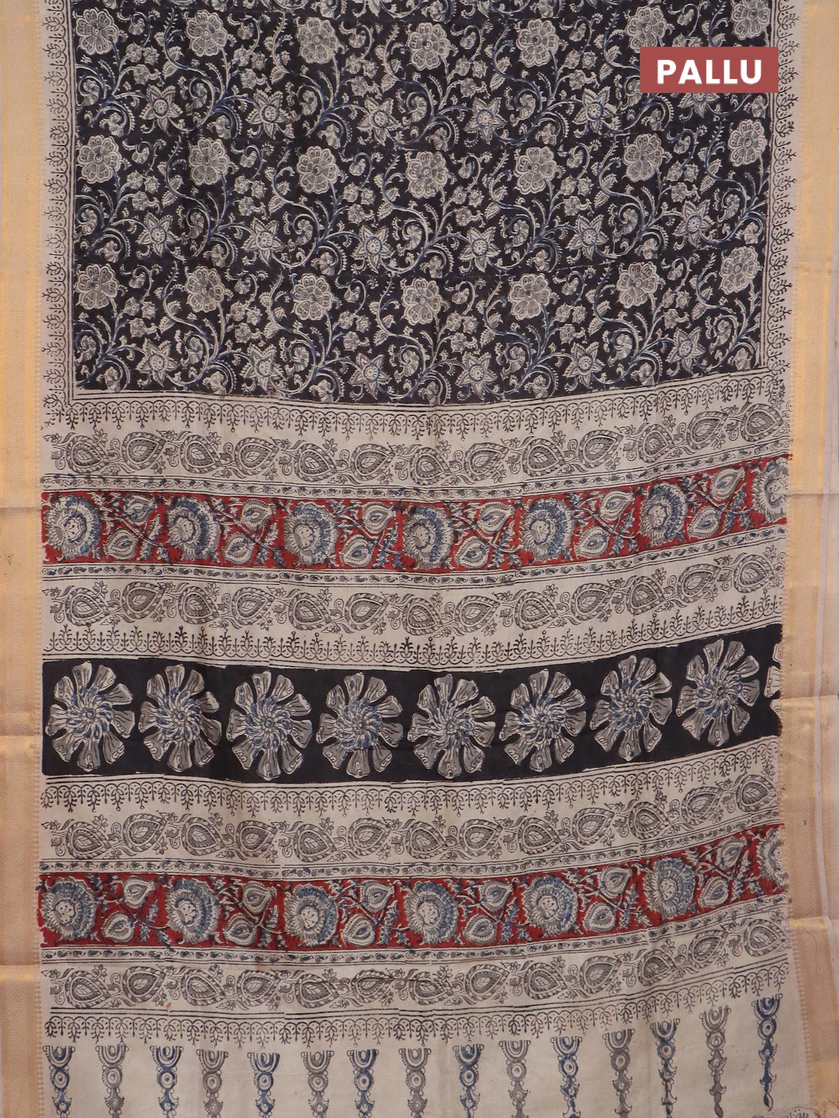 Semi mangalgiri silk saree black and beige with allover kalamkari block prints and zari woven border - Image 3
