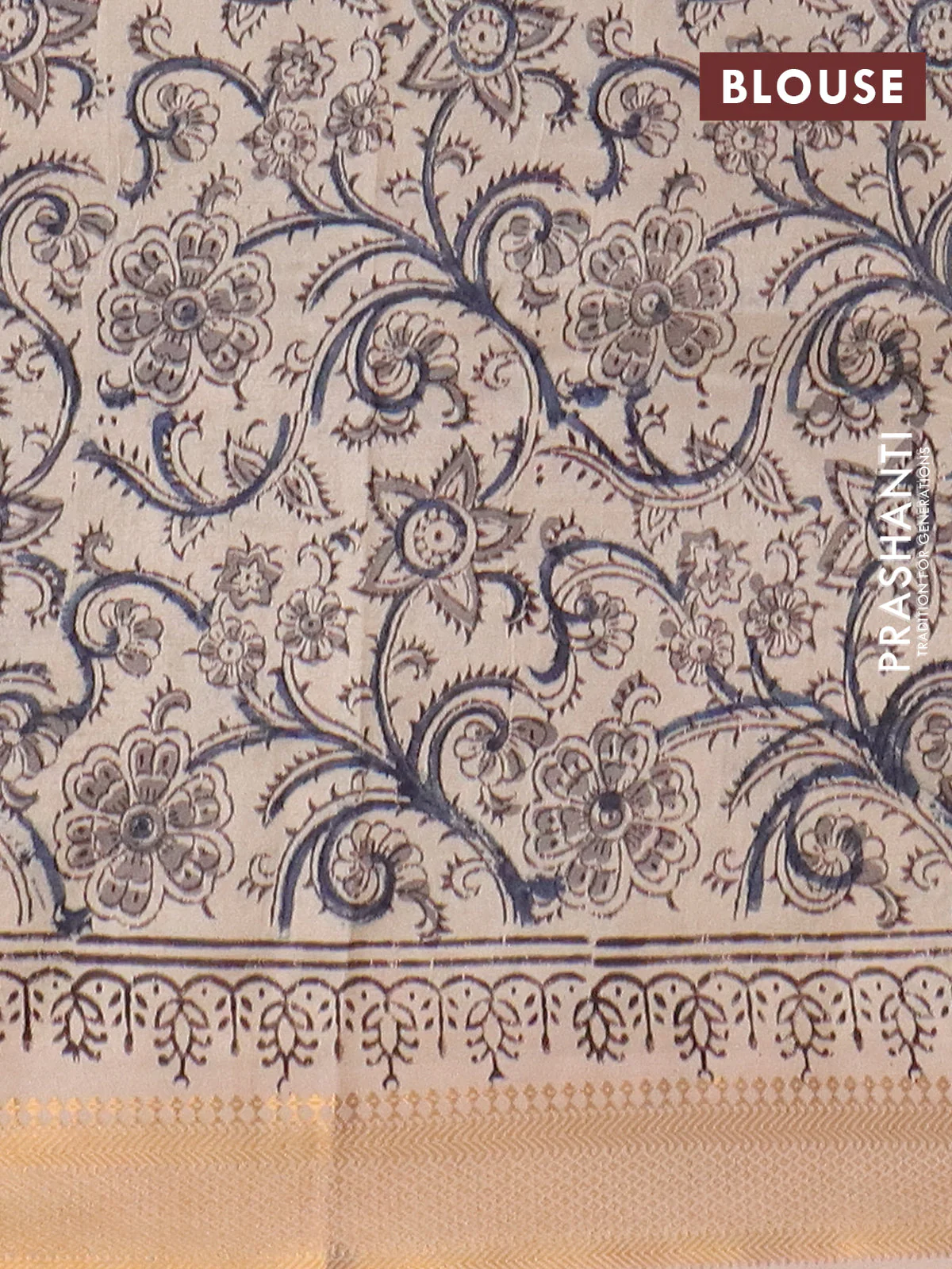 Semi mangalgiri silk saree black and beige with allover kalamkari block prints and zari woven border - Image 4
