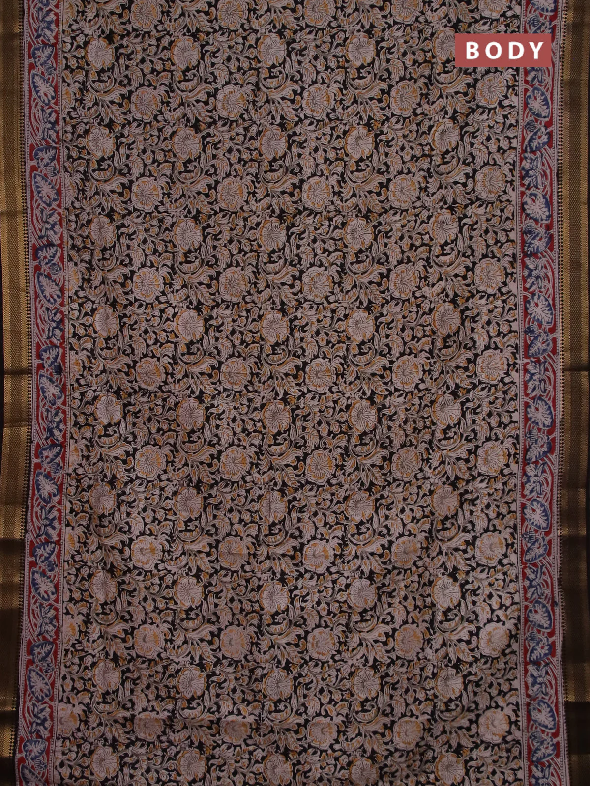Semi mangalgiri silk saree black and maroon with allover kalamkari block prints and zari woven border - Image 2