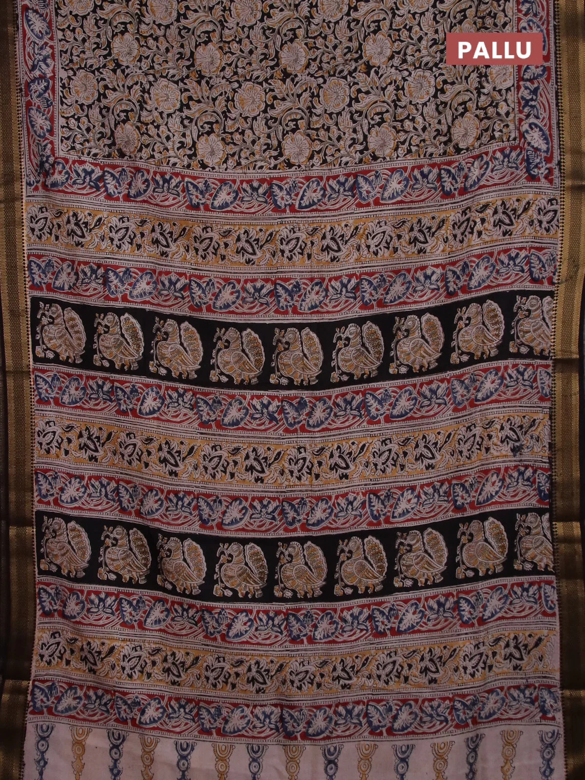 Semi mangalgiri silk saree black and maroon with allover kalamkari block prints and zari woven border - Image 3