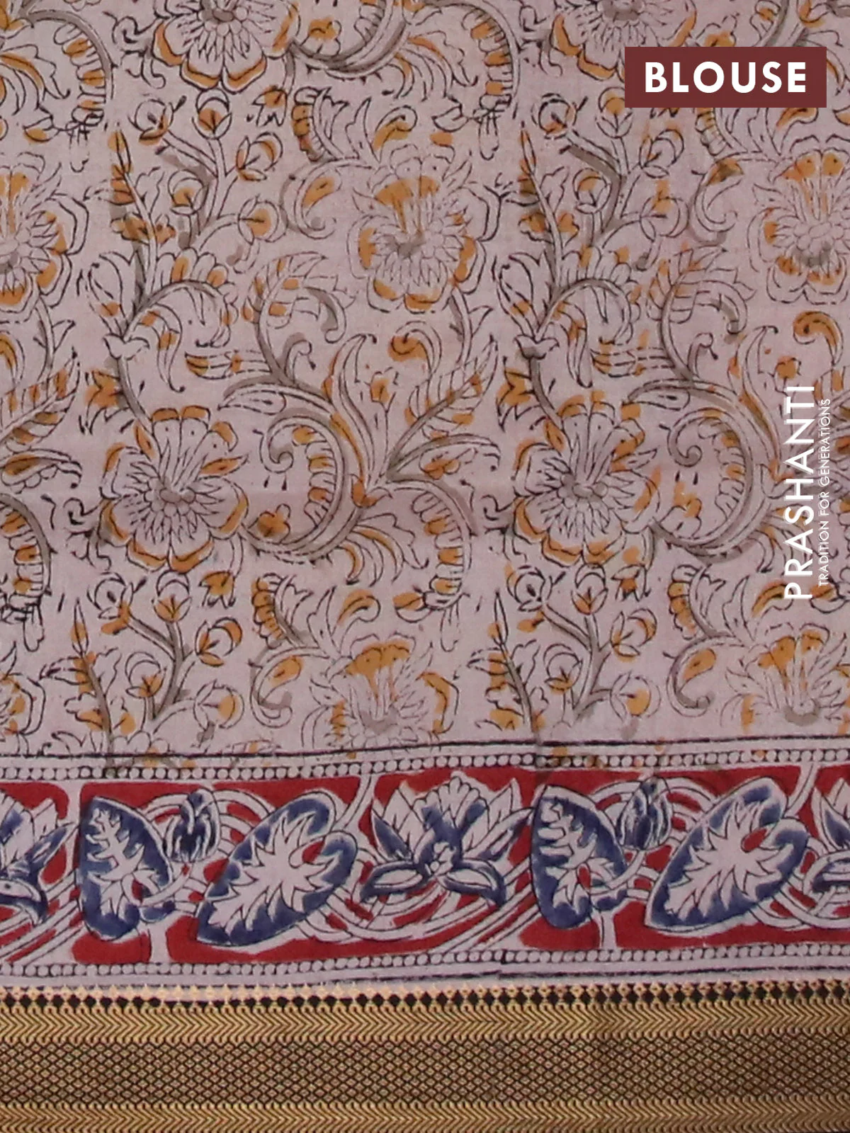 Semi mangalgiri silk saree black and maroon with allover kalamkari block prints and zari woven border - Image 4