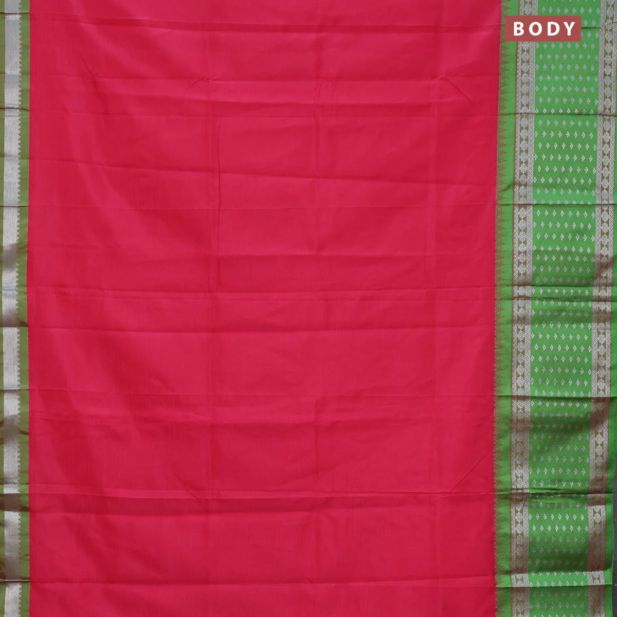 Semi mangalgiri silk saree dark pink and green with plain body and long temple design silver zari woven border - Image 2