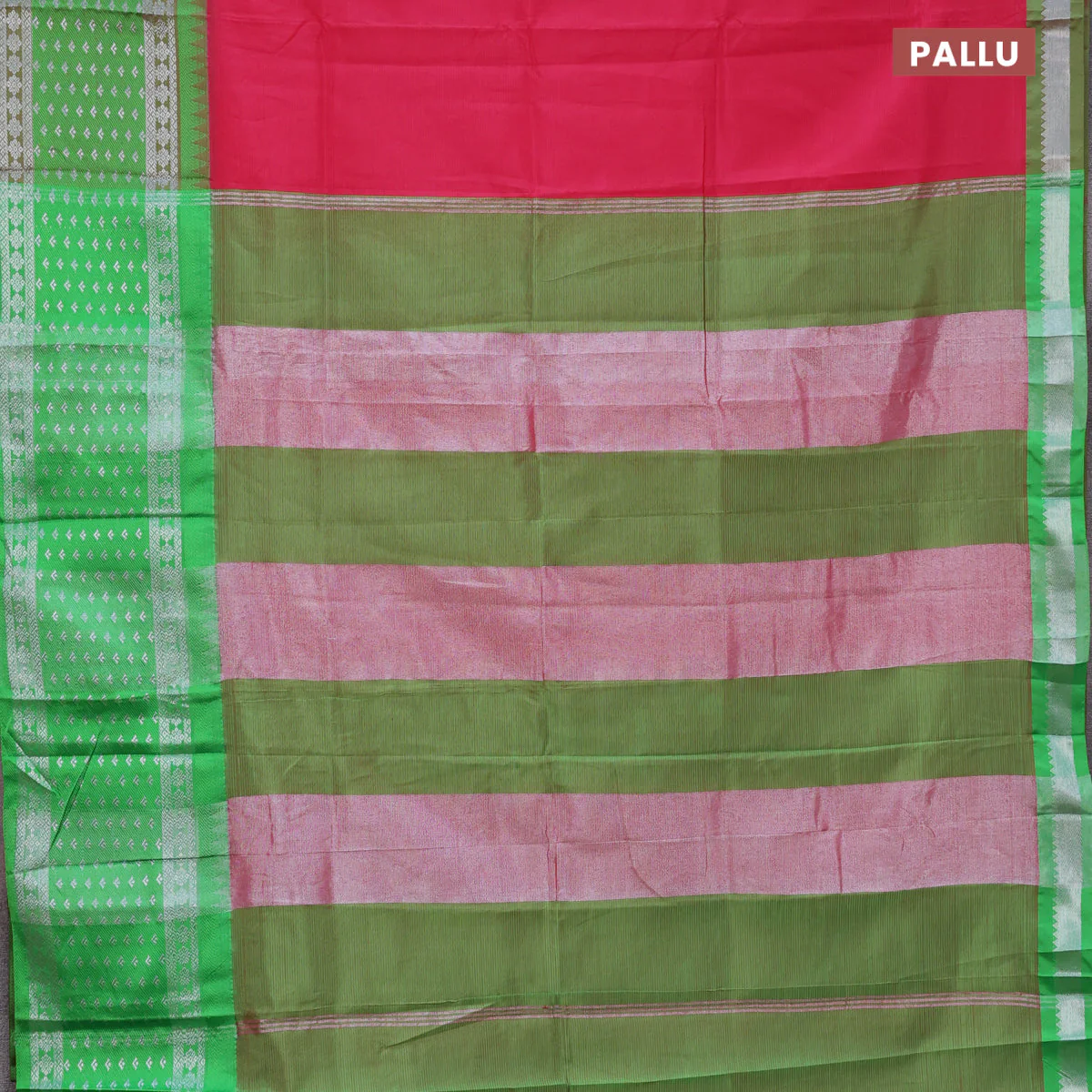 Semi mangalgiri silk saree dark pink and green with plain body and long temple design silver zari woven border - Image 3