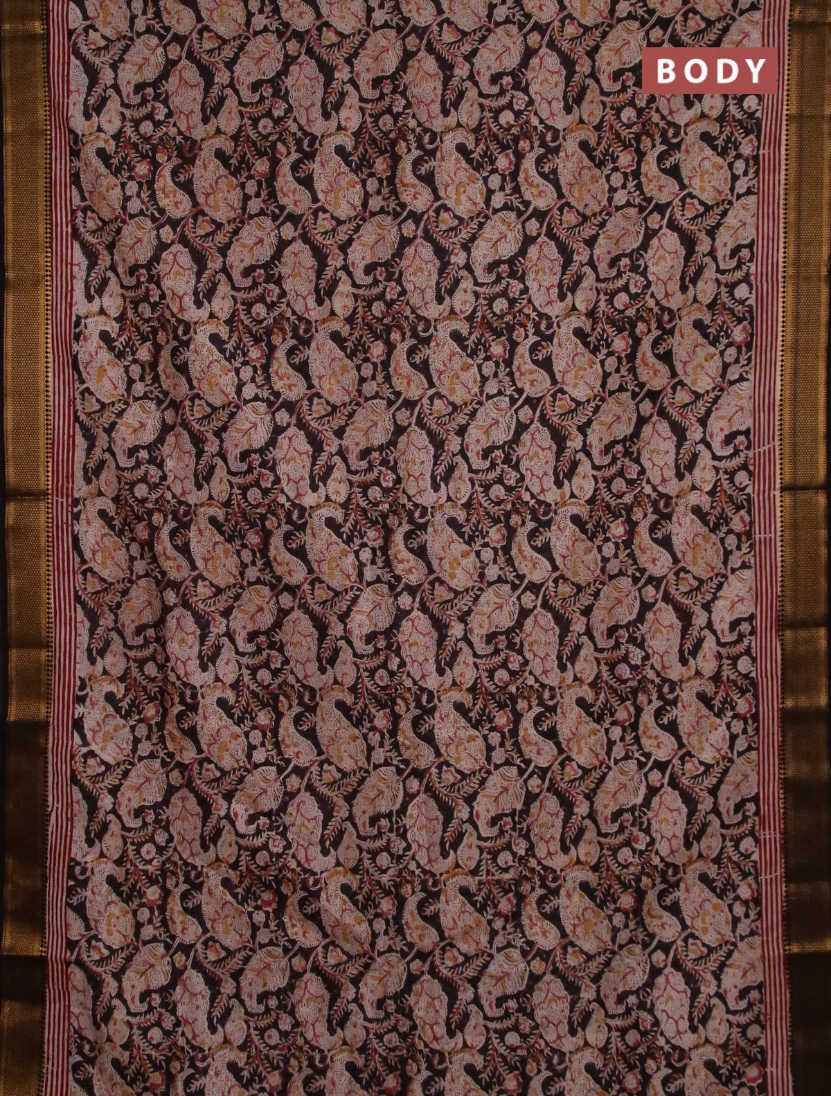 Semi mangalgiri silk saree deep coffee brown and beige maroon with allover kalamkari block prints and zari woven border - Image 2