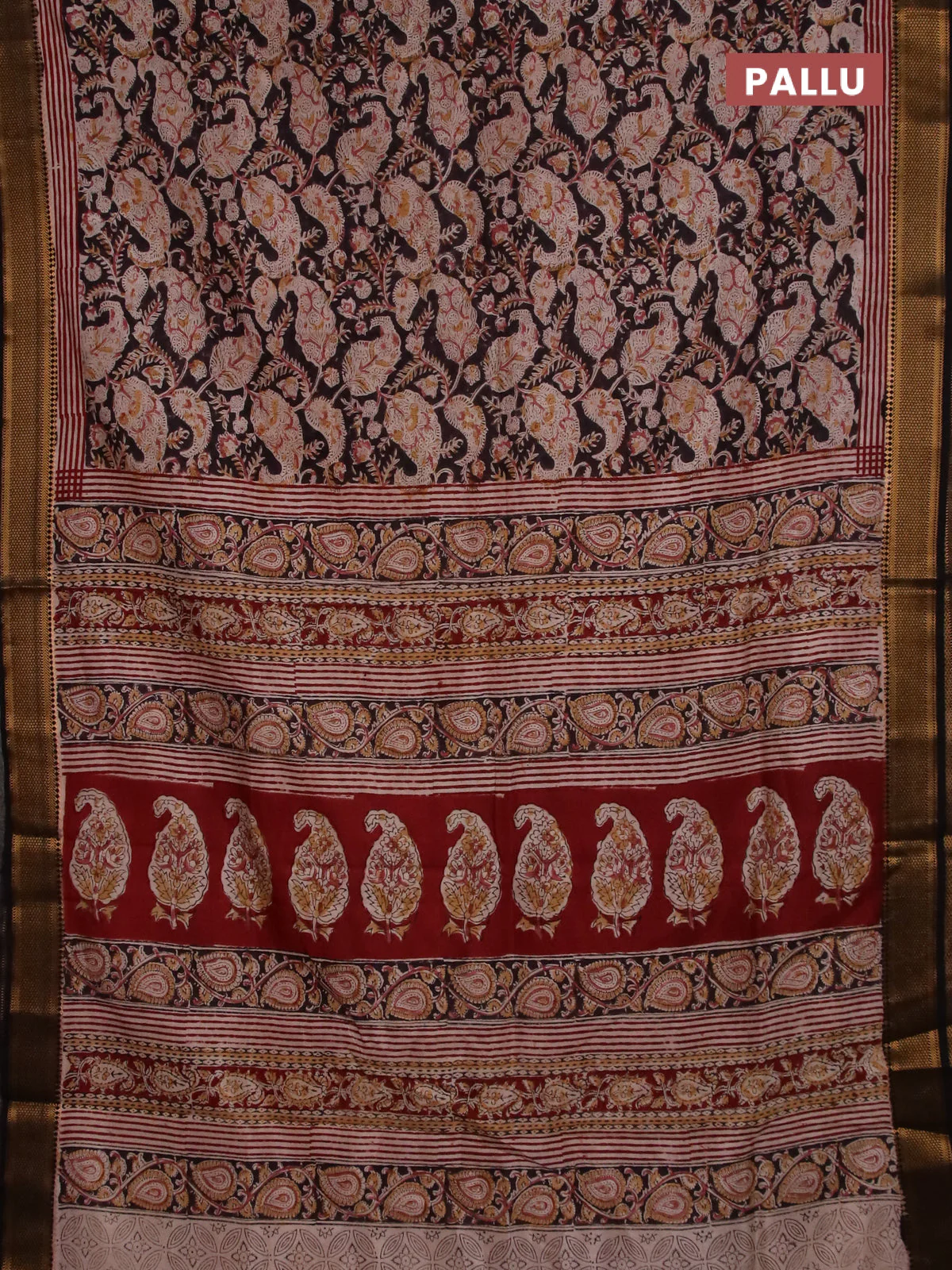 Semi mangalgiri silk saree deep coffee brown and beige maroon with allover kalamkari block prints and zari woven border - Image 3