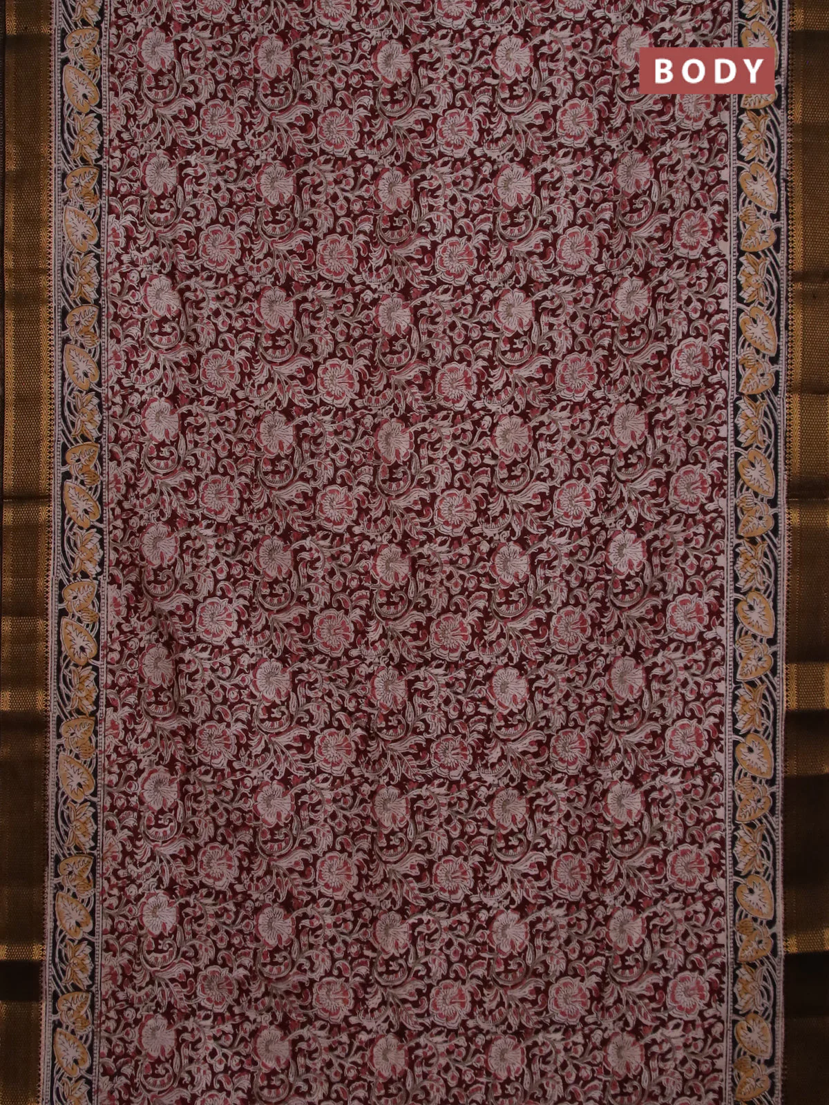 Semi mangalgiri silk saree deep maroon and black with allover kalamkari block prints and zari woven border - Image 2