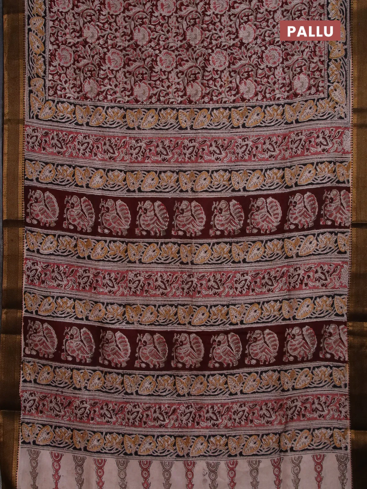 Semi mangalgiri silk saree deep maroon and black with allover kalamkari block prints and zari woven border - Image 3