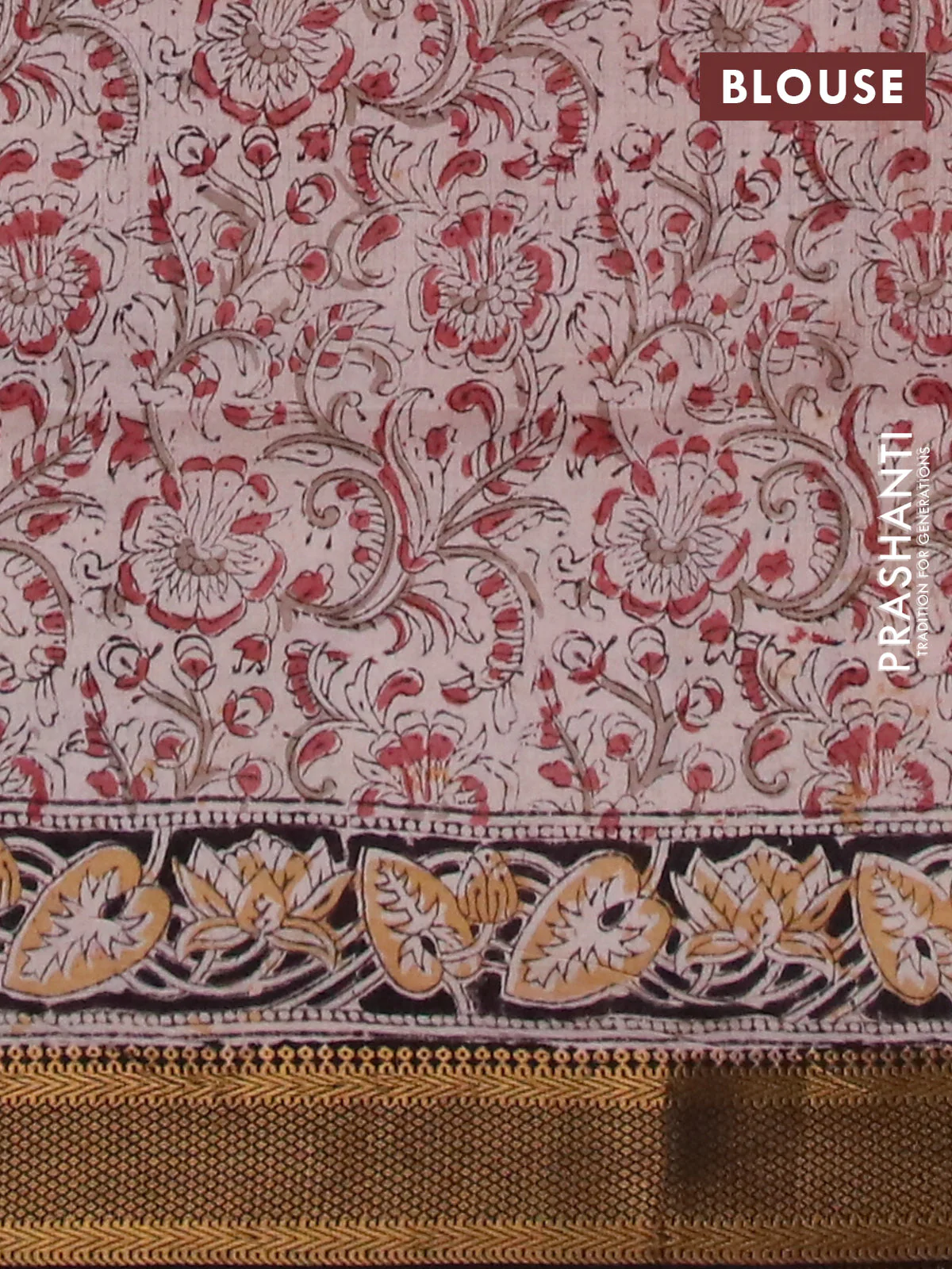 Semi mangalgiri silk saree deep maroon and black with allover kalamkari block prints and zari woven border - Image 4