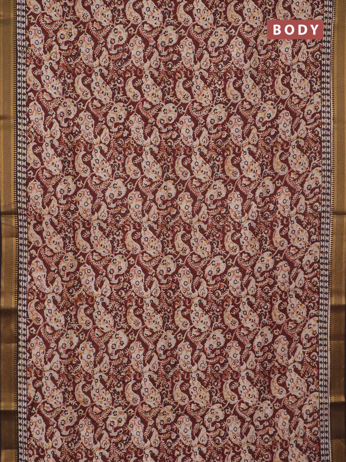 Semi mangalgiri silk saree deep maroon and deep coffee brown with allover kalamkari block prints and zari woven border - Image 2
