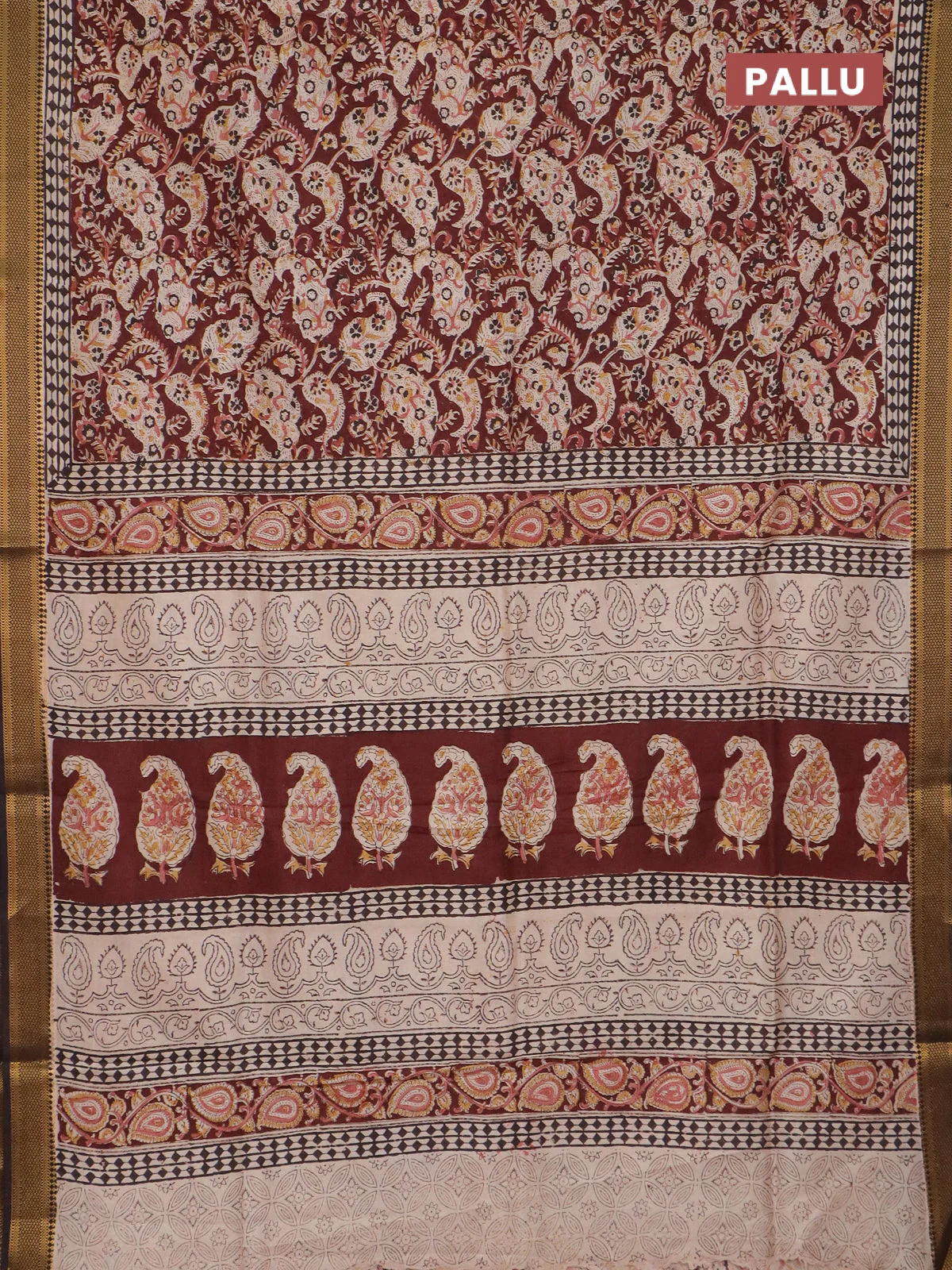 Semi mangalgiri silk saree deep maroon and deep coffee brown with allover kalamkari block prints and zari woven border - Image 3