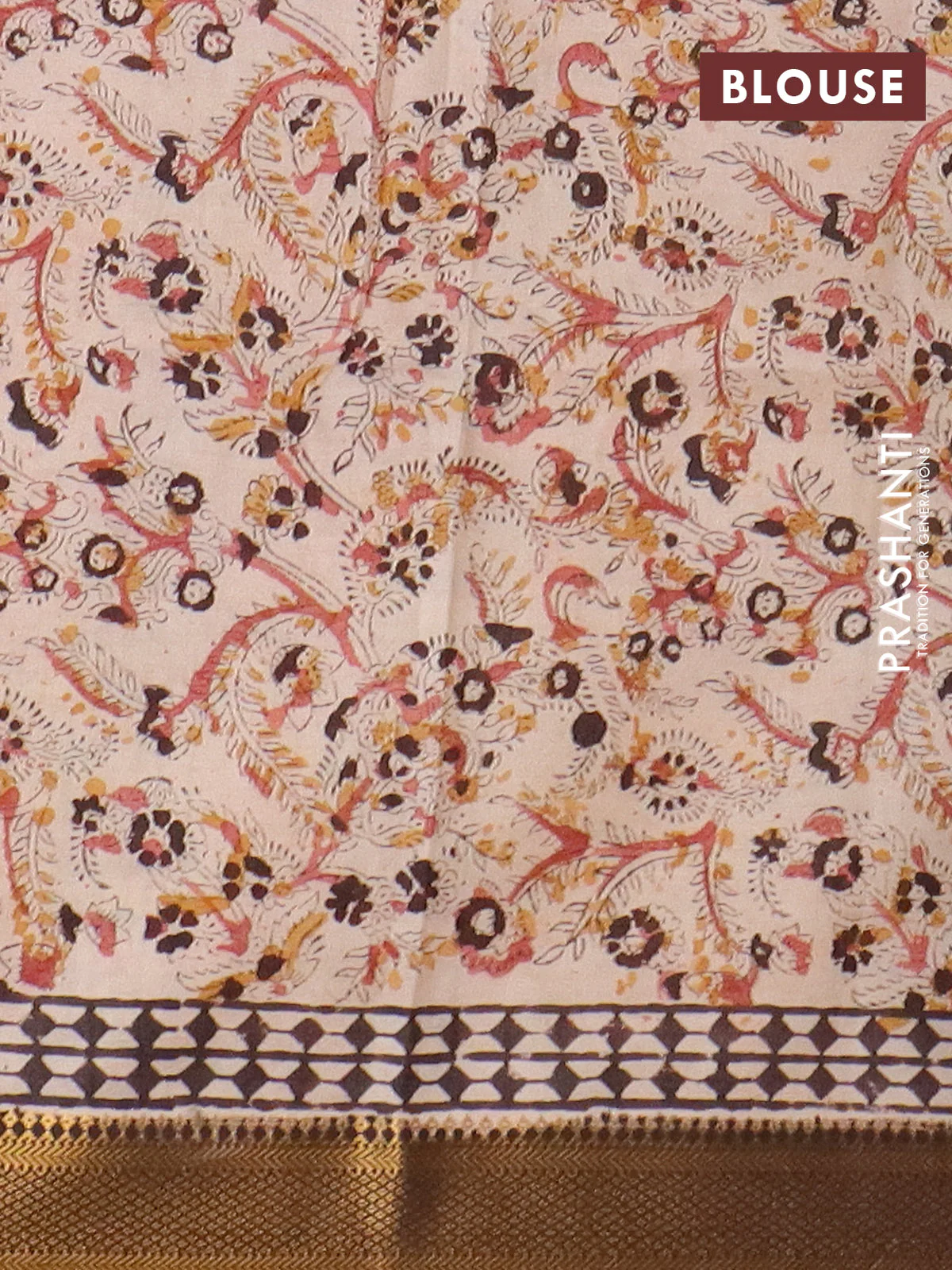 Semi mangalgiri silk saree deep maroon and deep coffee brown with allover kalamkari block prints and zari woven border - Image 4