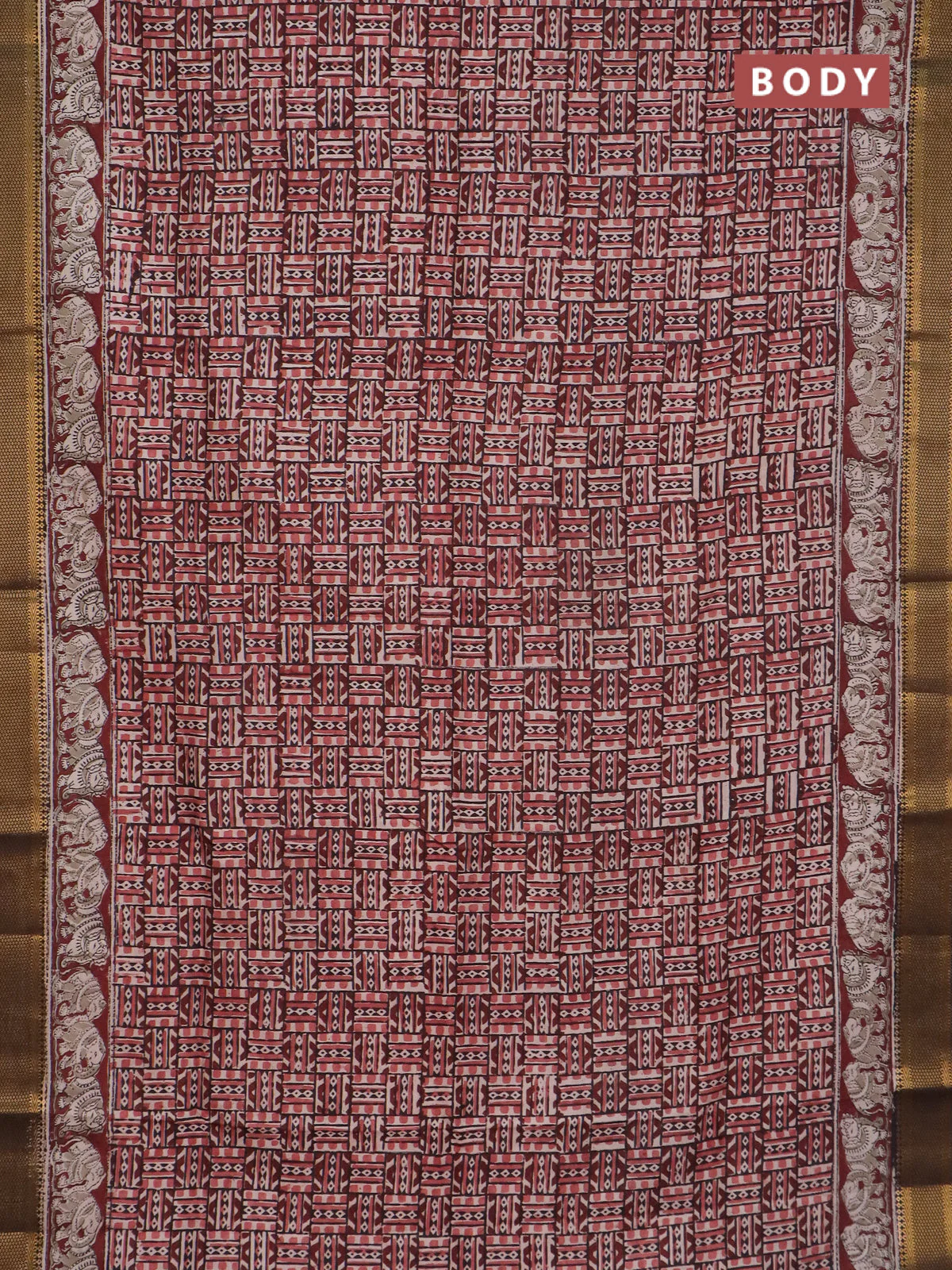 Semi mangalgiri silk saree deep maroon and deep coffee brown with allover kalamkari block prints and zari woven border - Image 2