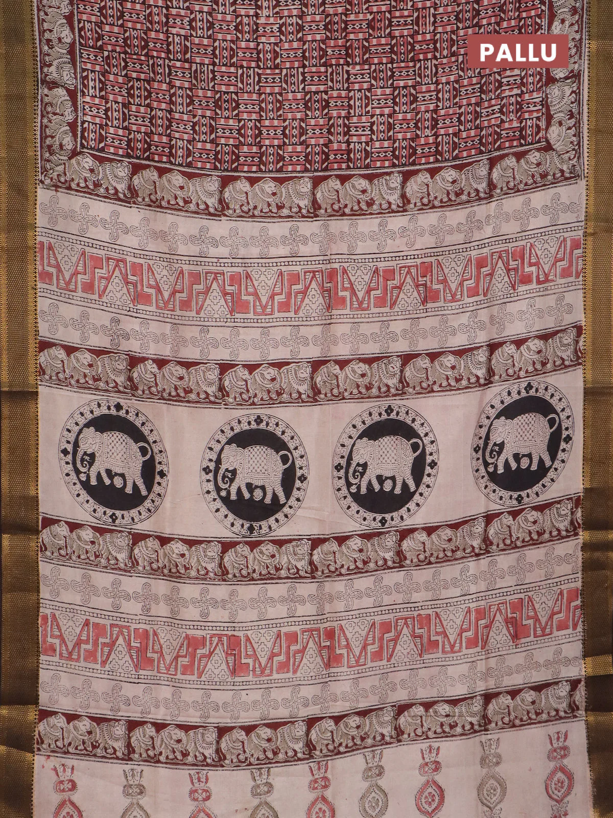 Semi mangalgiri silk saree deep maroon and deep coffee brown with allover kalamkari block prints and zari woven border - Image 3