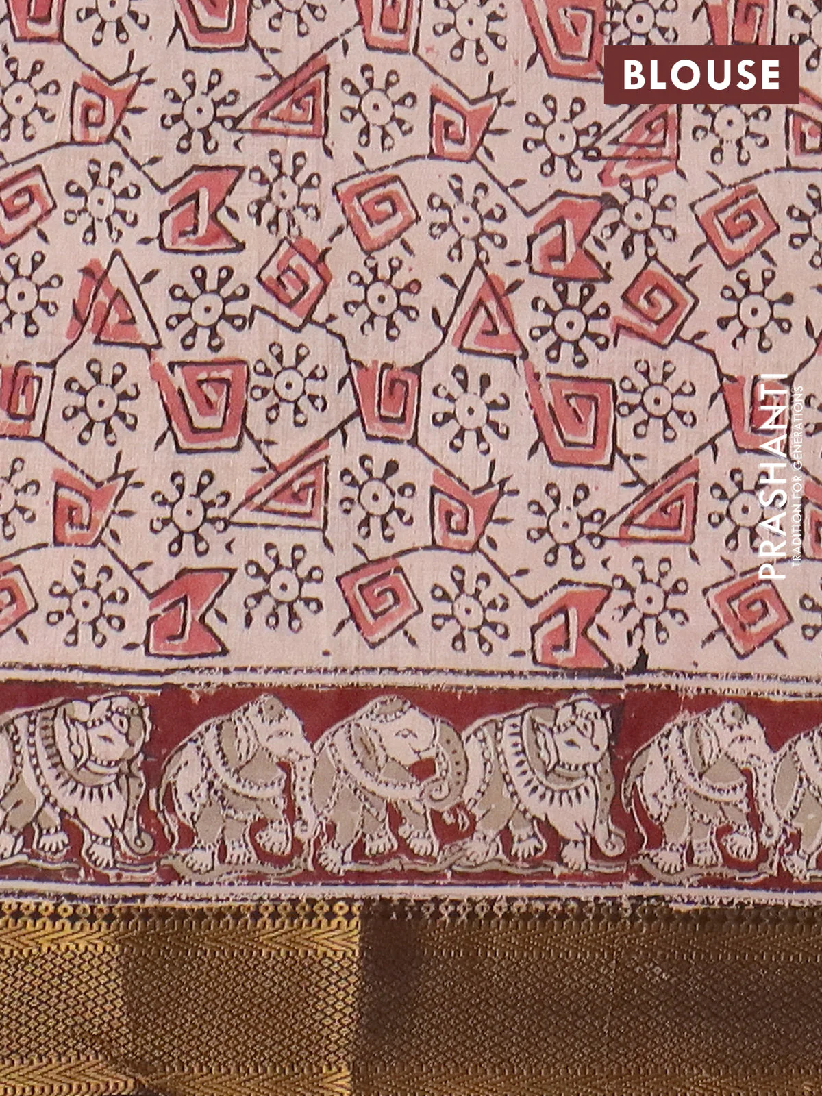 Semi mangalgiri silk saree deep maroon and deep coffee brown with allover kalamkari block prints and zari woven border - Image 4