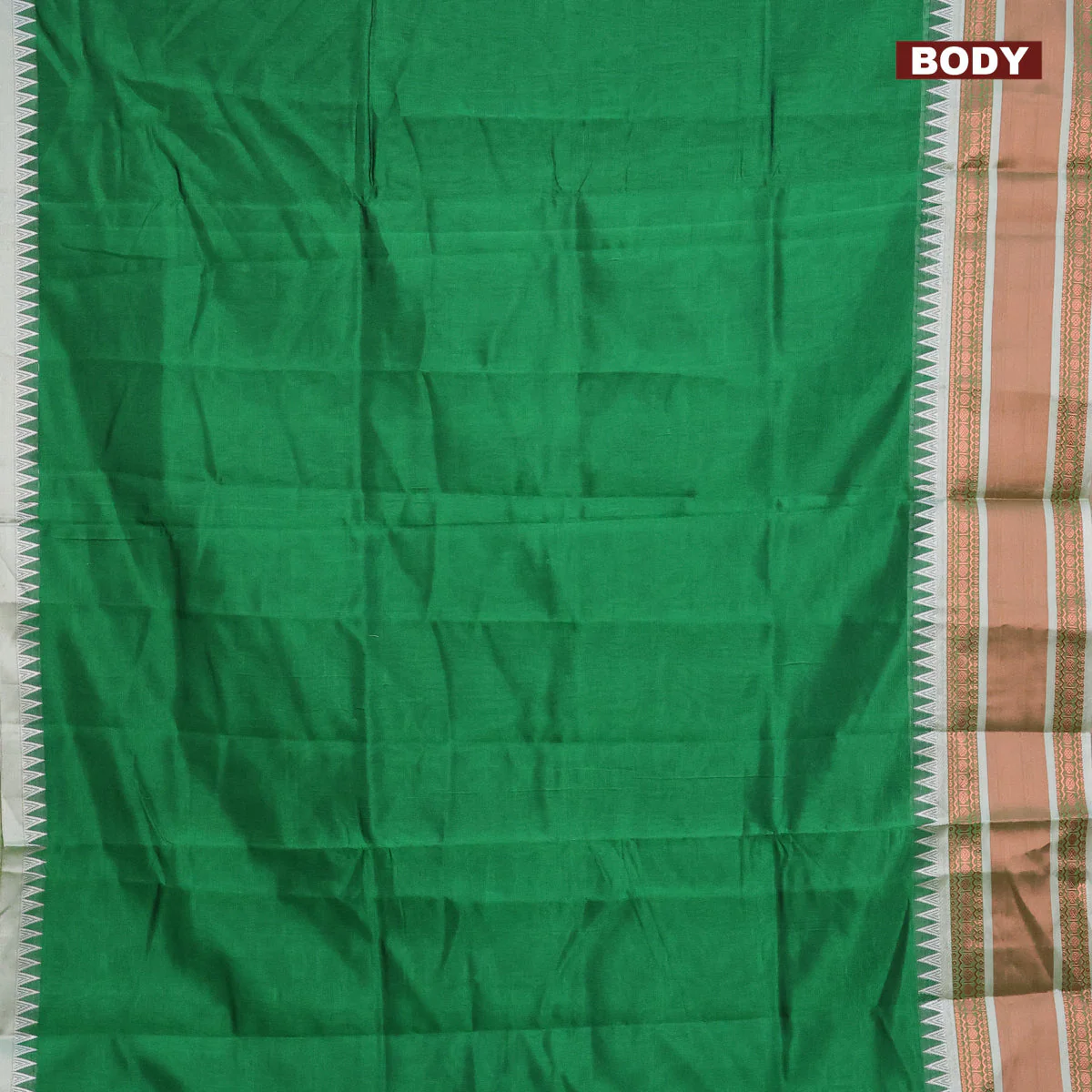 Semi mangalgiri silk saree green and grey shade with plain body and temple design copper zari woven border - Image 2