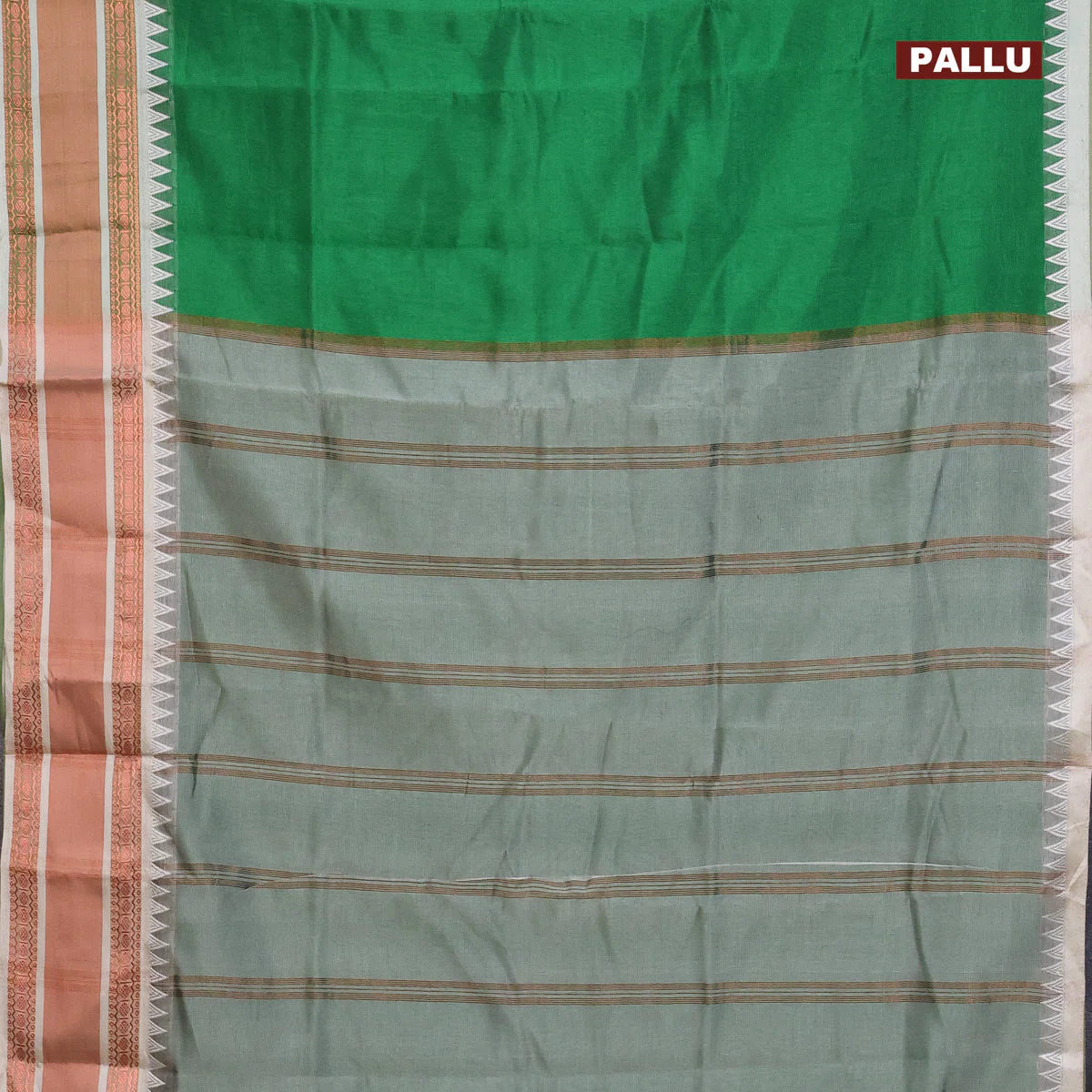 Semi mangalgiri silk saree green and grey shade with plain body and temple design copper zari woven border - Image 3