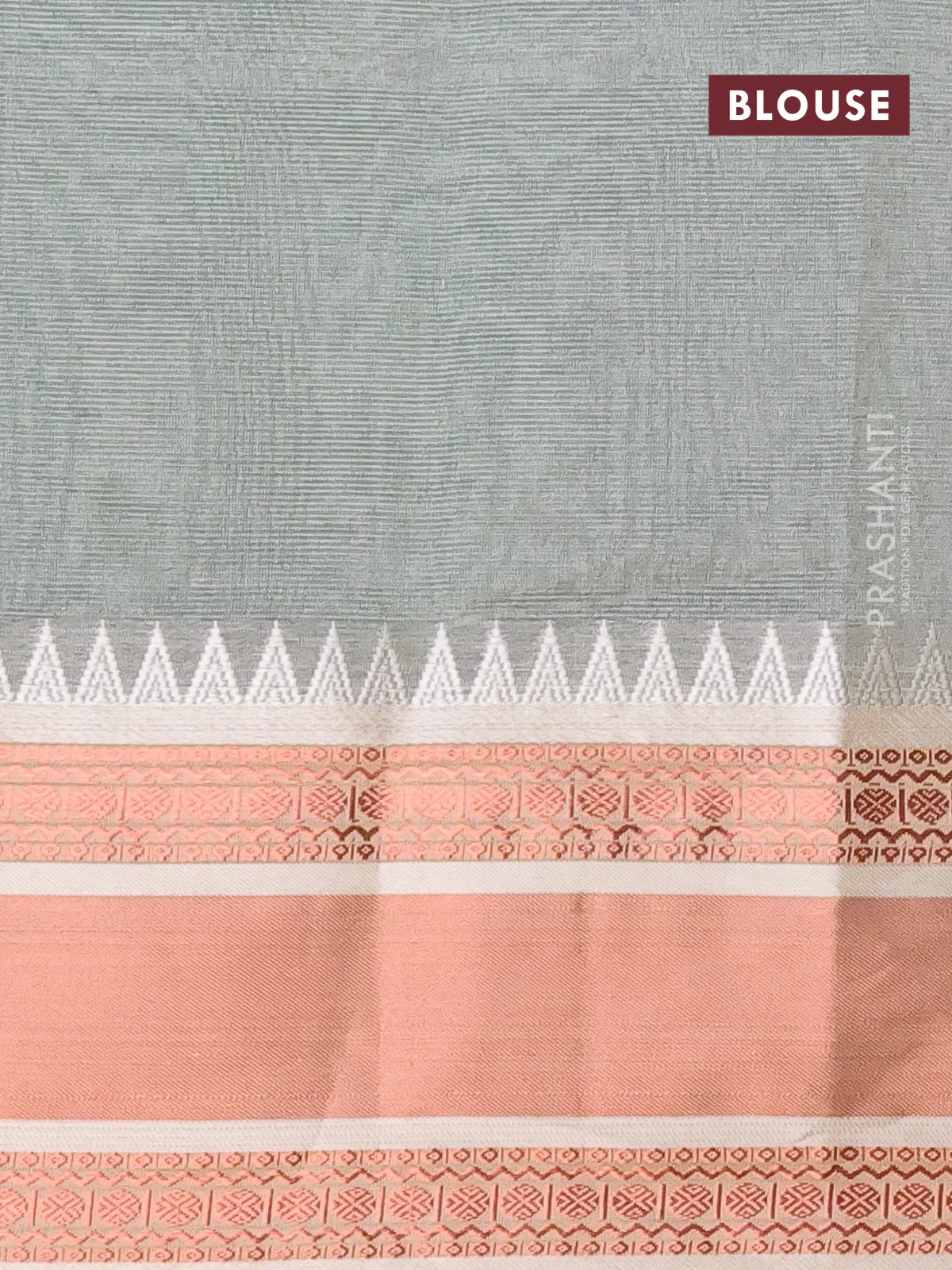 Semi mangalgiri silk saree green and grey shade with plain body and temple design copper zari woven border - Image 4