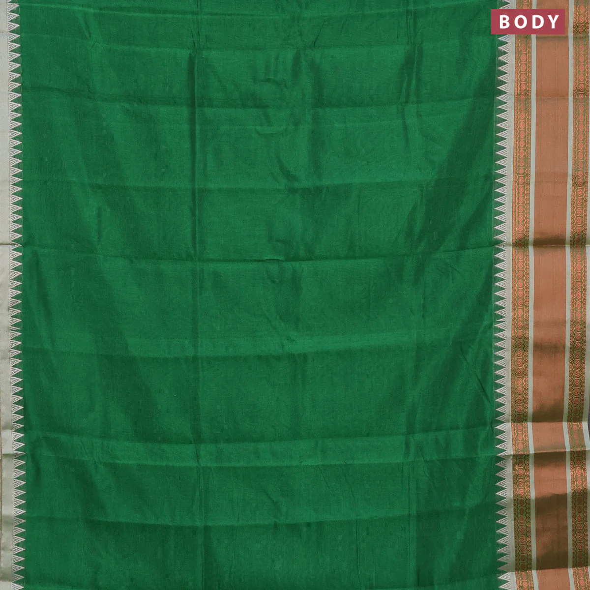 Semi mangalgiri silk saree green and grey with plain body and temple design copper zari woven border - Image 2