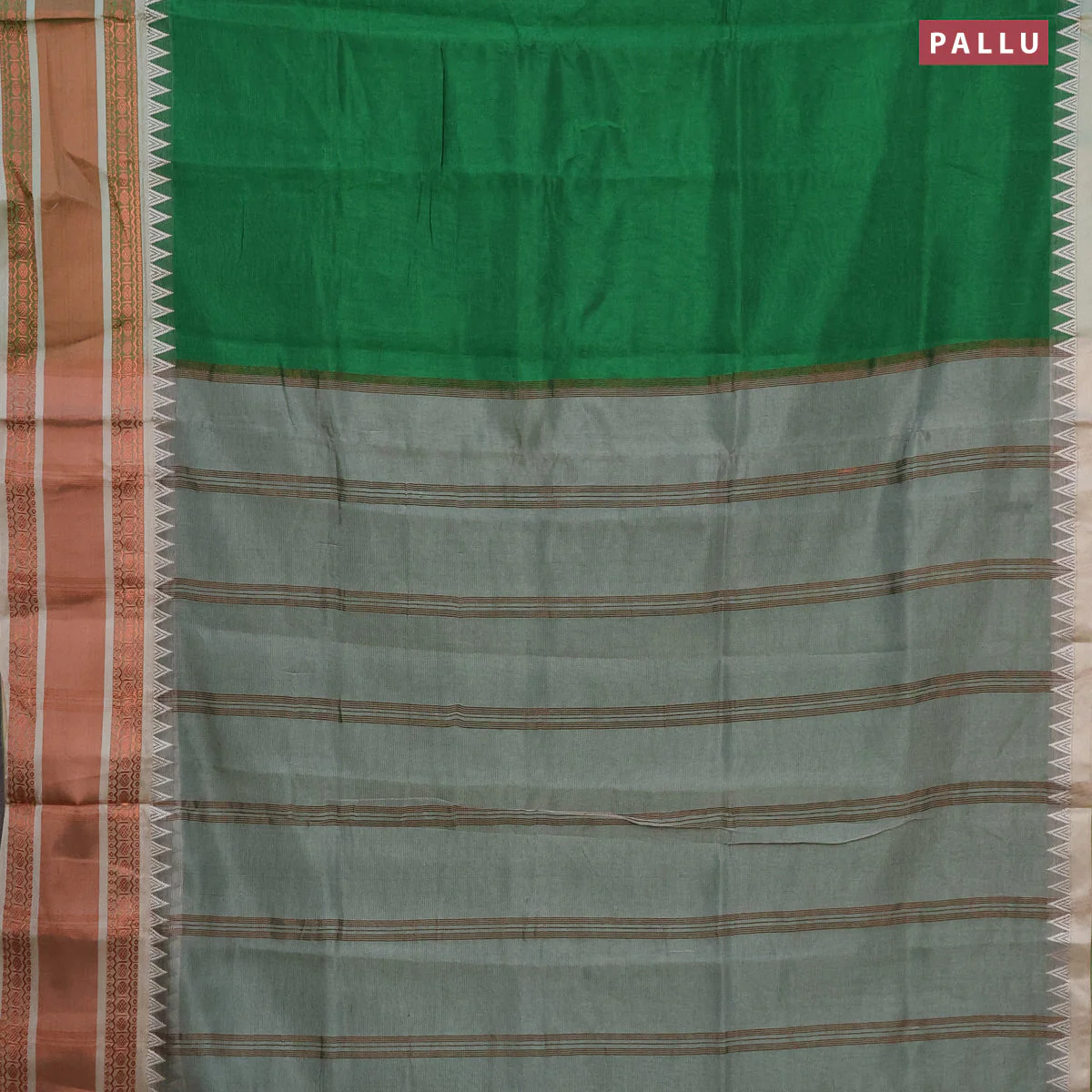 Semi mangalgiri silk saree green and grey with plain body and temple design copper zari woven border - Image 3