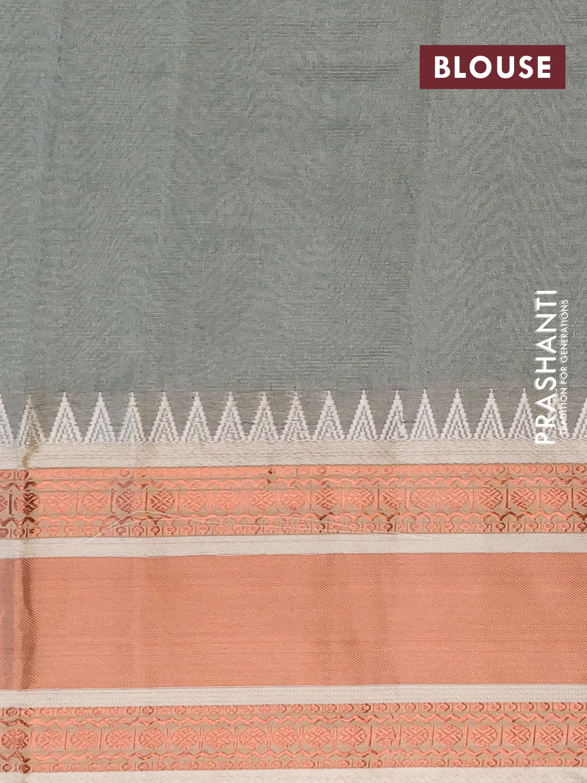 Semi mangalgiri silk saree green and grey with plain body and temple design copper zari woven border - Image 4