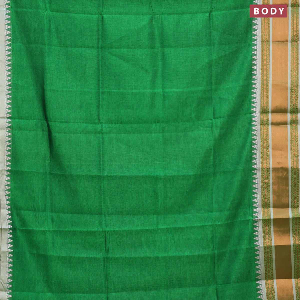 Semi mangalgiri silk saree green and grey with plain body and temple design copper zari woven border - Image 2