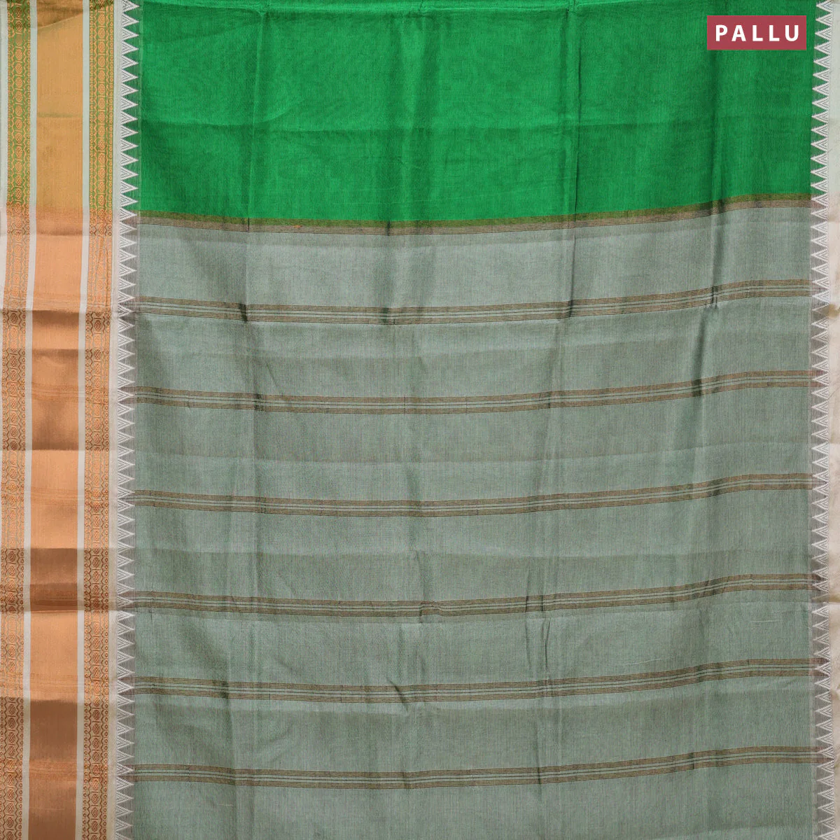 Semi mangalgiri silk saree green and grey with plain body and temple design copper zari woven border - Image 3