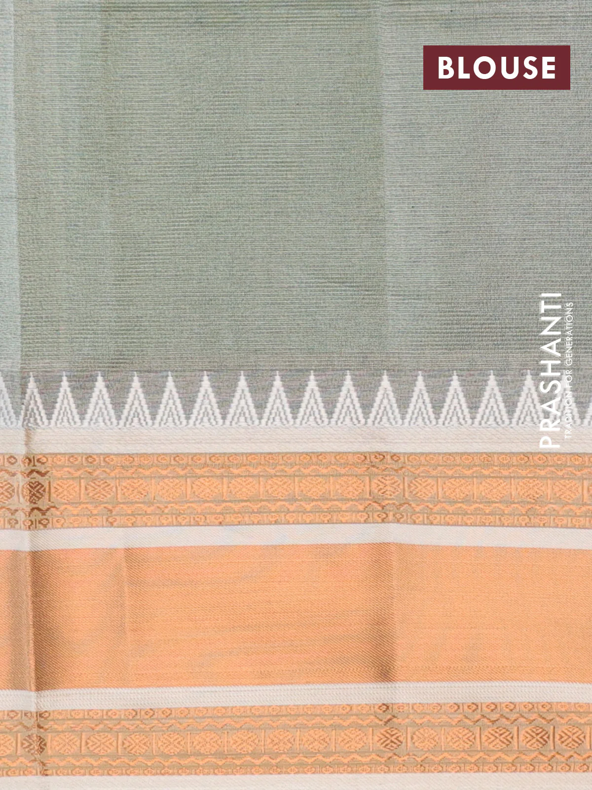 Semi mangalgiri silk saree green and grey with plain body and temple design copper zari woven border - Image 4