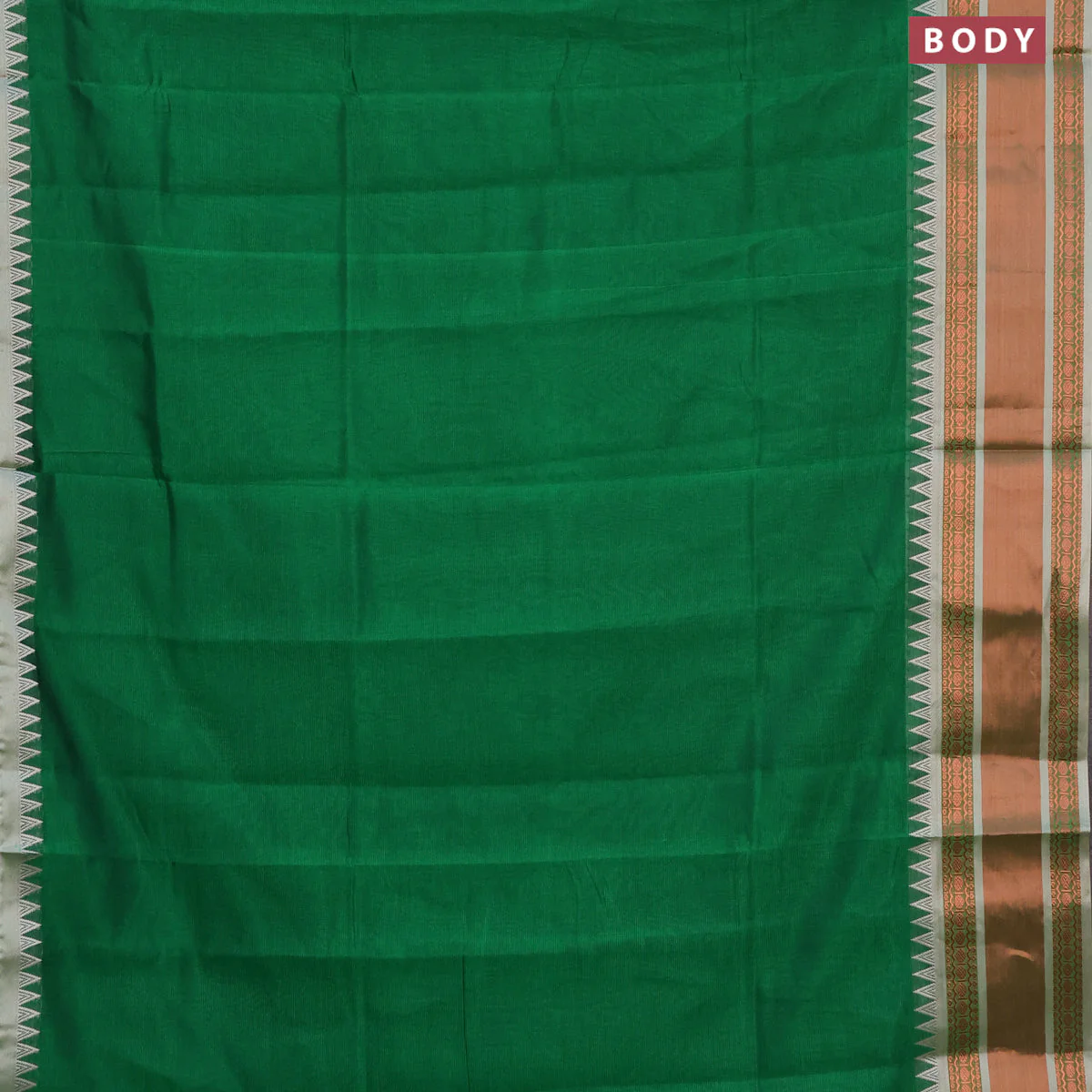 Semi mangalgiri silk saree green and grey with plain body and temple design copper zari woven border - Image 2