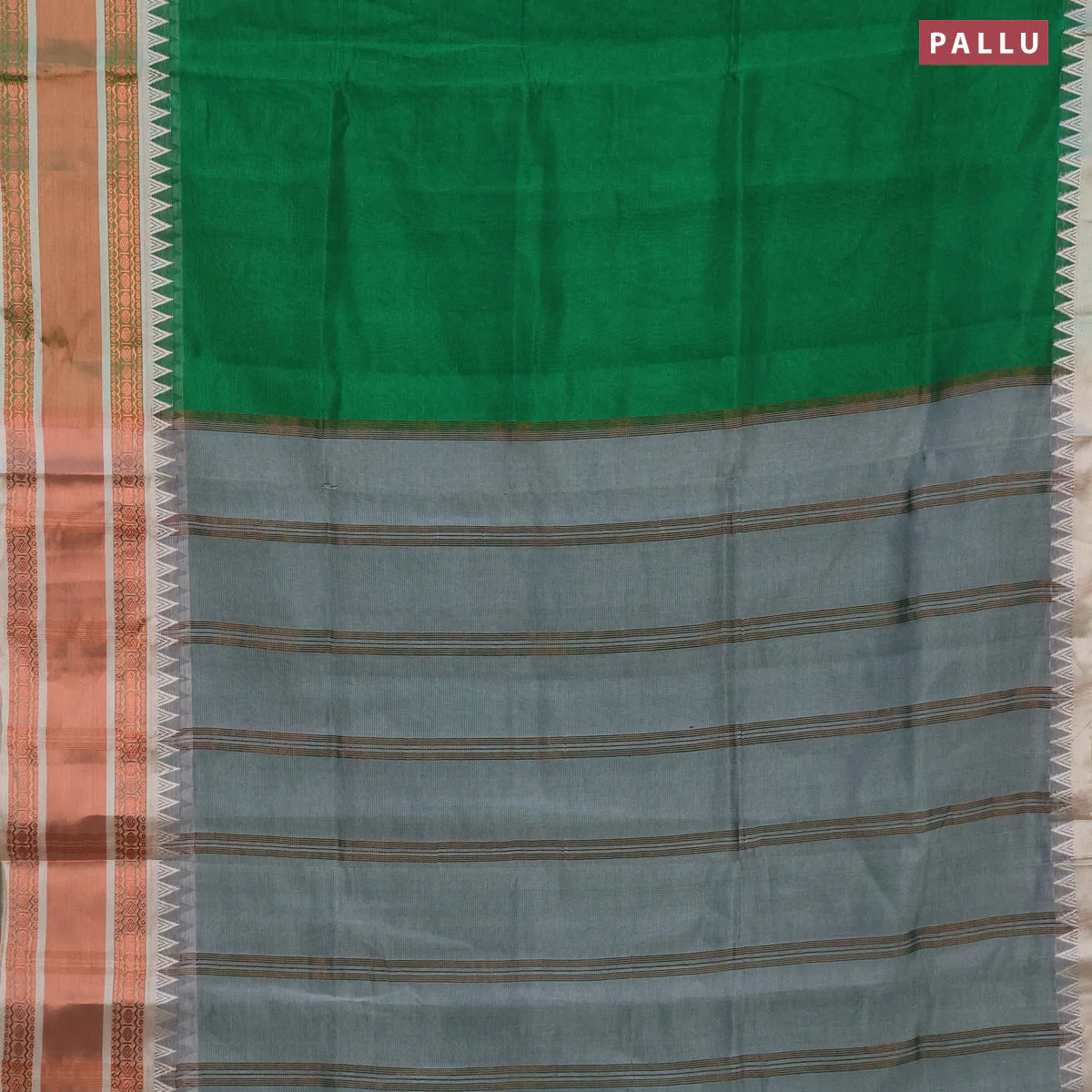 Semi mangalgiri silk saree green and grey with plain body and temple design copper zari woven border - Image 3