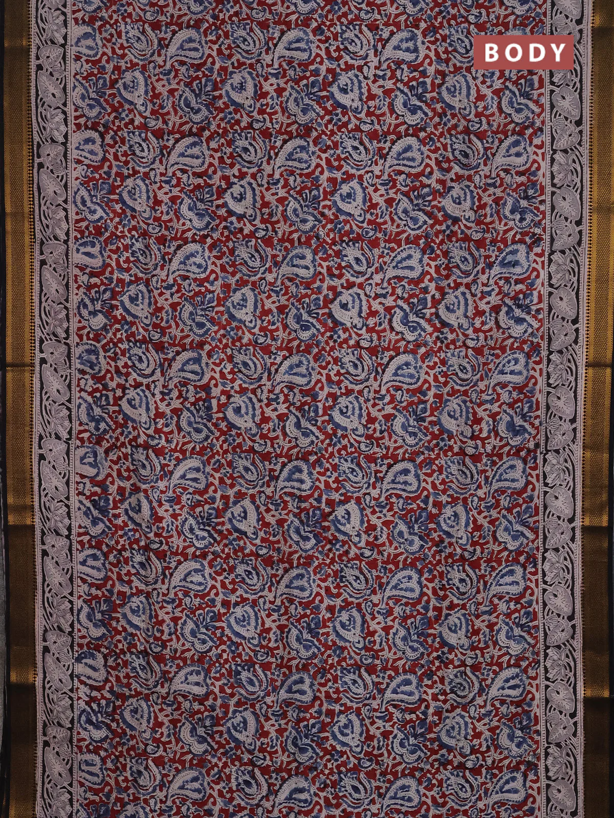 Semi mangalgiri silk saree maroon and deep coffee brown with allover kalamkari block prints and zari woven border - Image 2