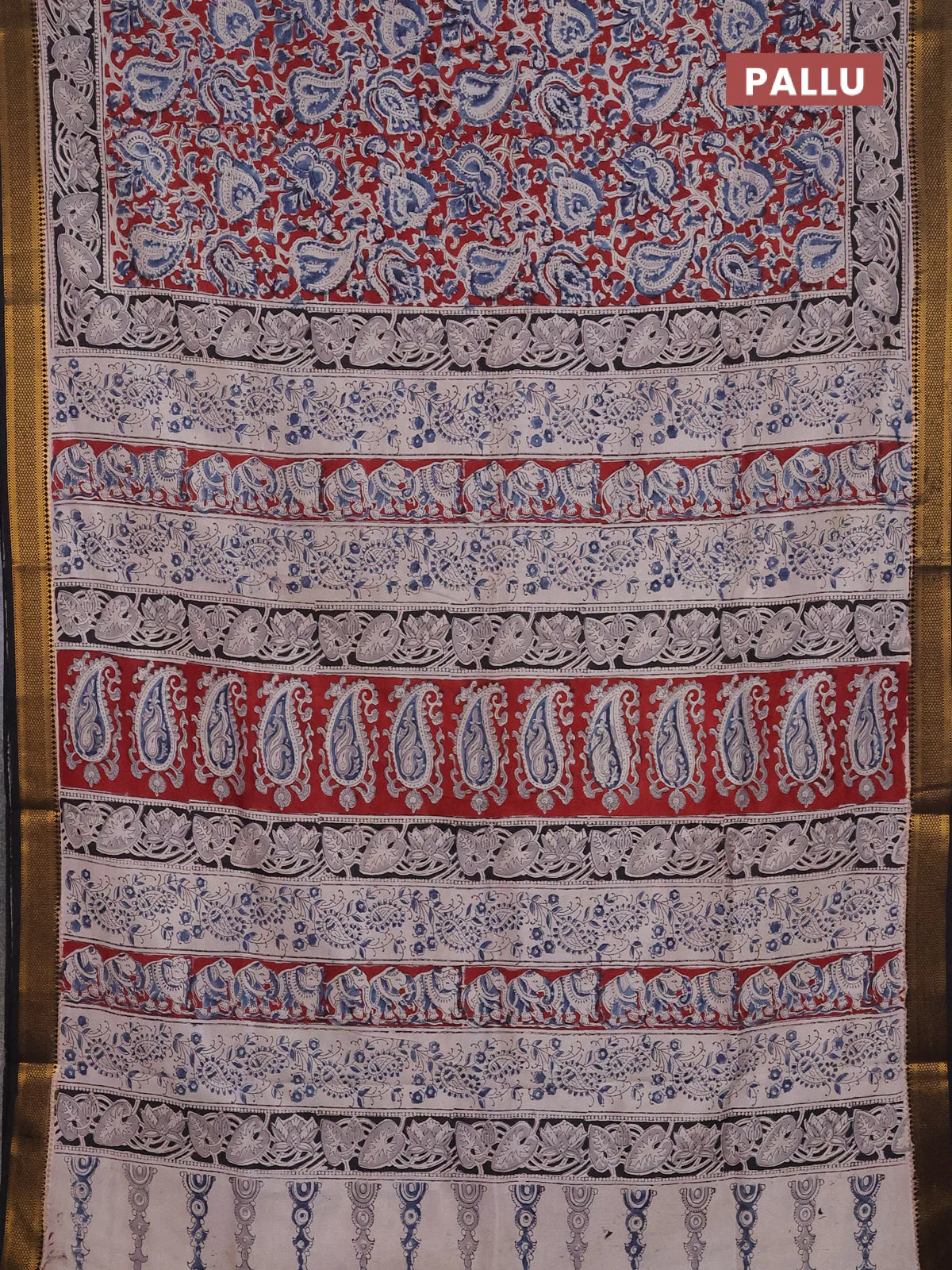 Semi mangalgiri silk saree maroon and deep coffee brown with allover kalamkari block prints and zari woven border - Image 3