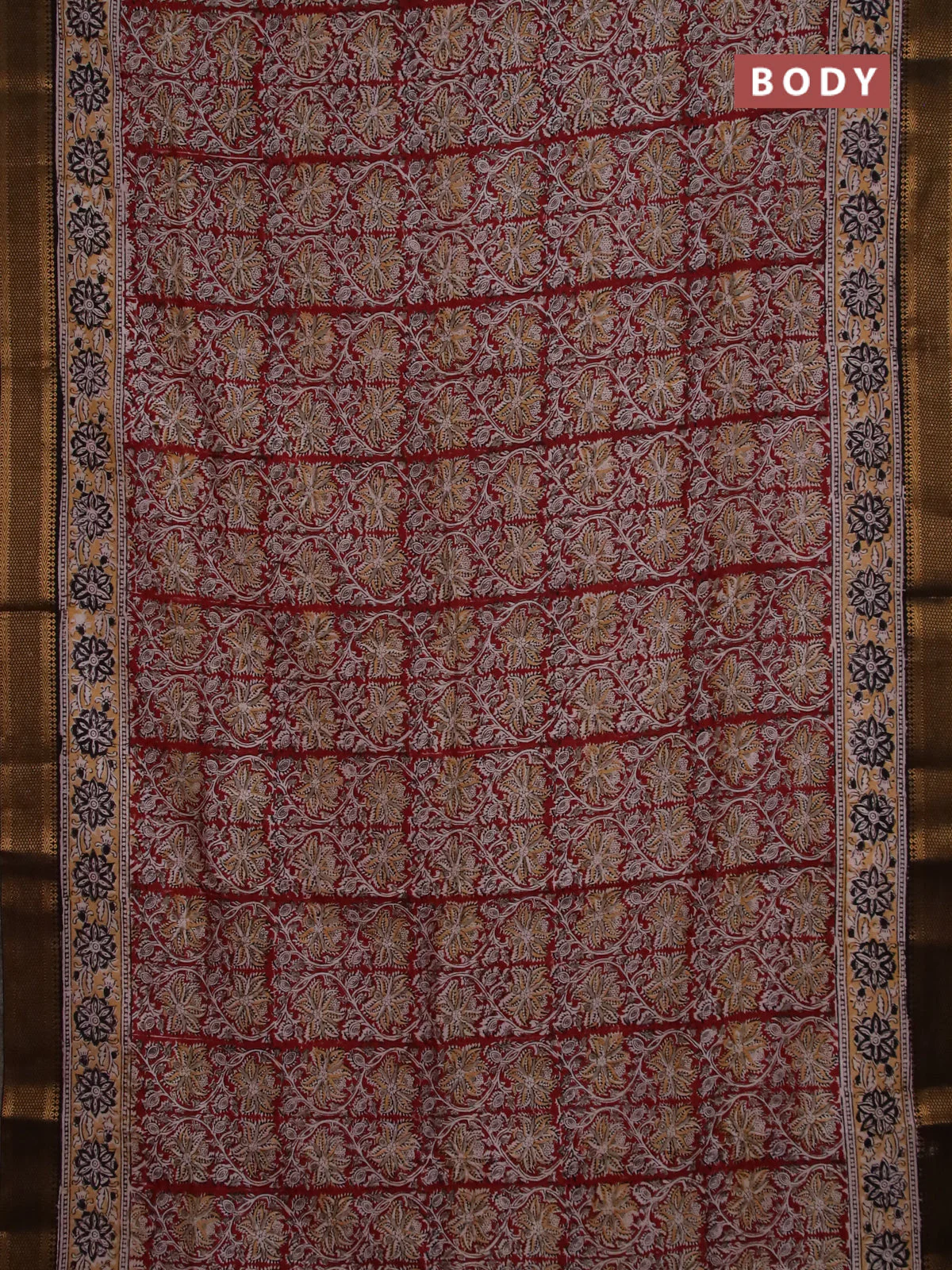 Semi mangalgiri silk saree maroon and deep coffee brown with allover kalamkari block prints and zari woven border - Image 2