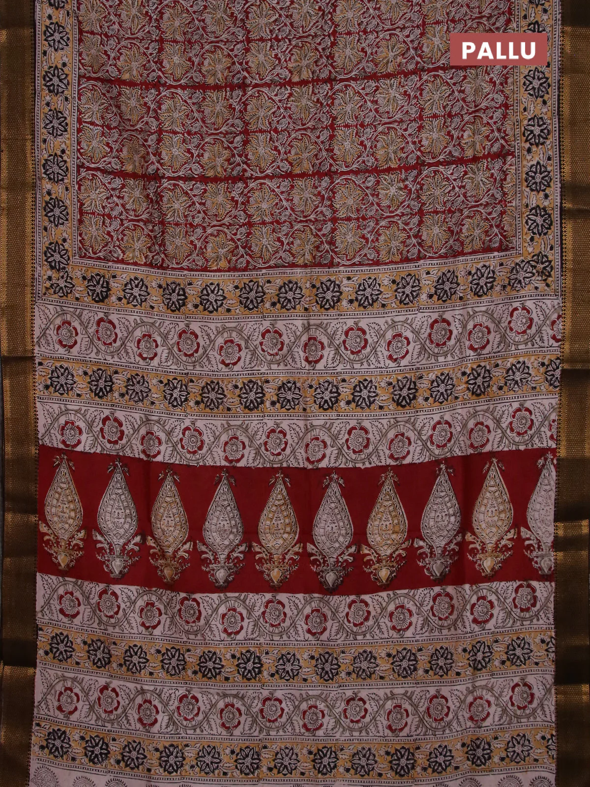 Semi mangalgiri silk saree maroon and deep coffee brown with allover kalamkari block prints and zari woven border - Image 3