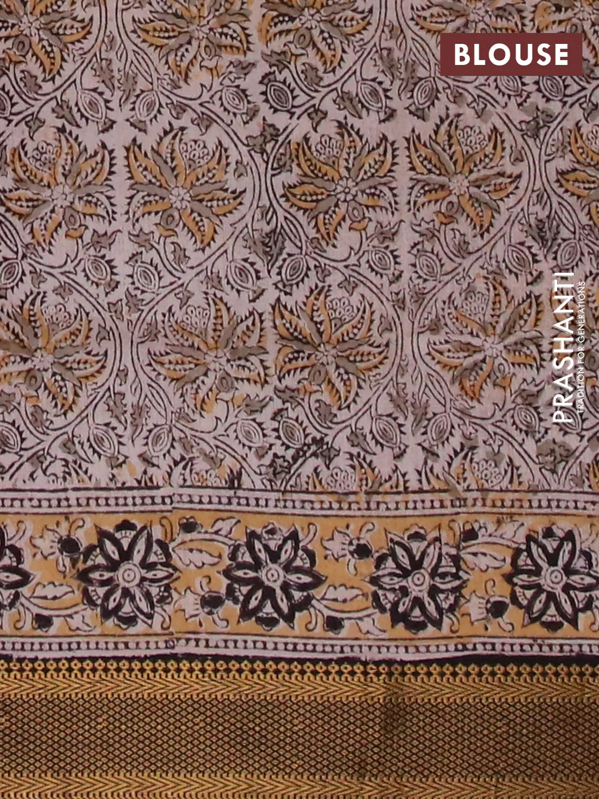 Semi mangalgiri silk saree maroon and deep coffee brown with allover kalamkari block prints and zari woven border - Image 4