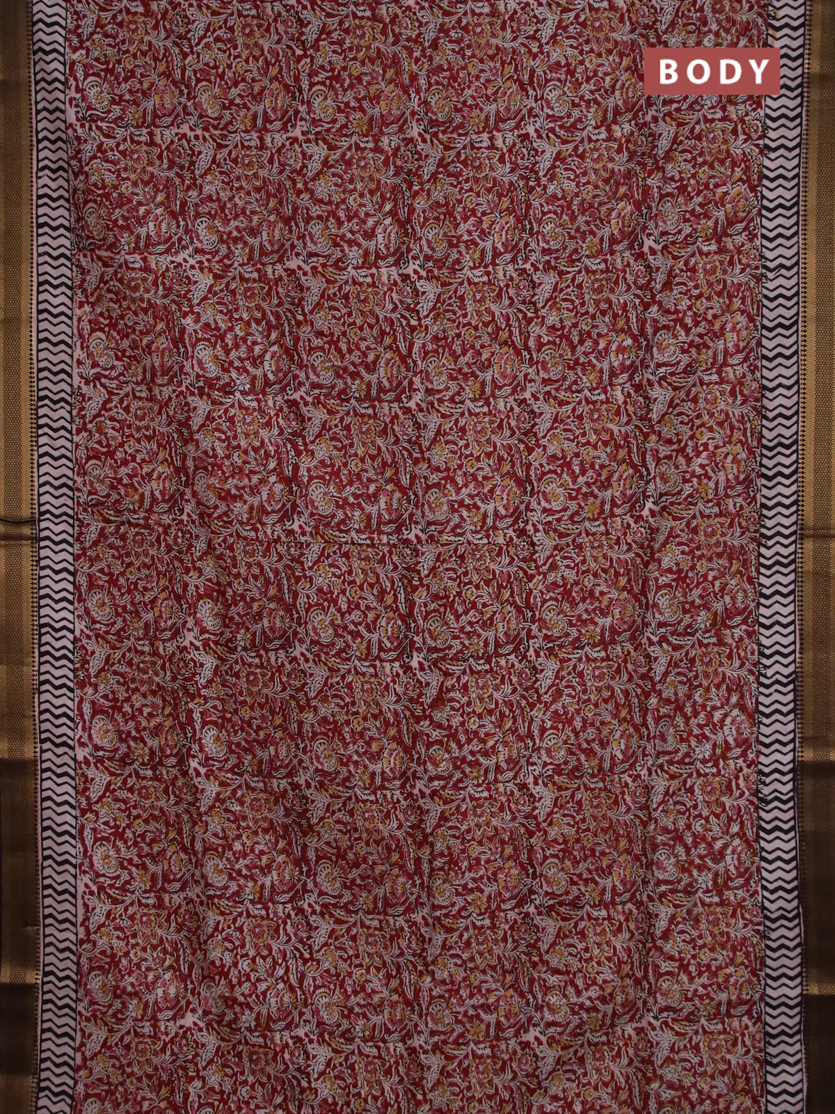 Semi mangalgiri silk saree maroon and deep coffee brown with allover kalamkari block prints and zari woven border - Image 2