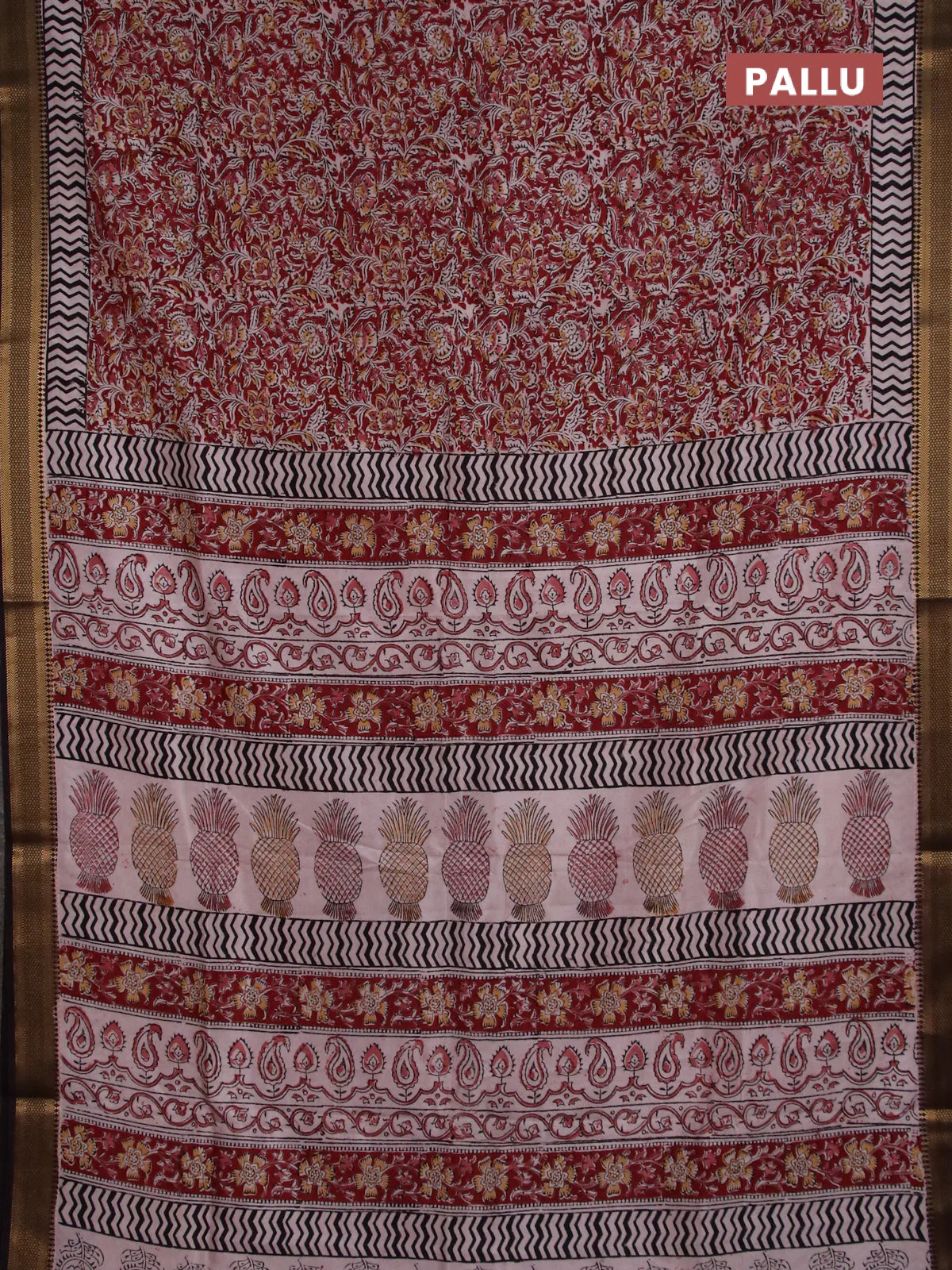 Semi mangalgiri silk saree maroon and deep coffee brown with allover kalamkari block prints and zari woven border - Image 3