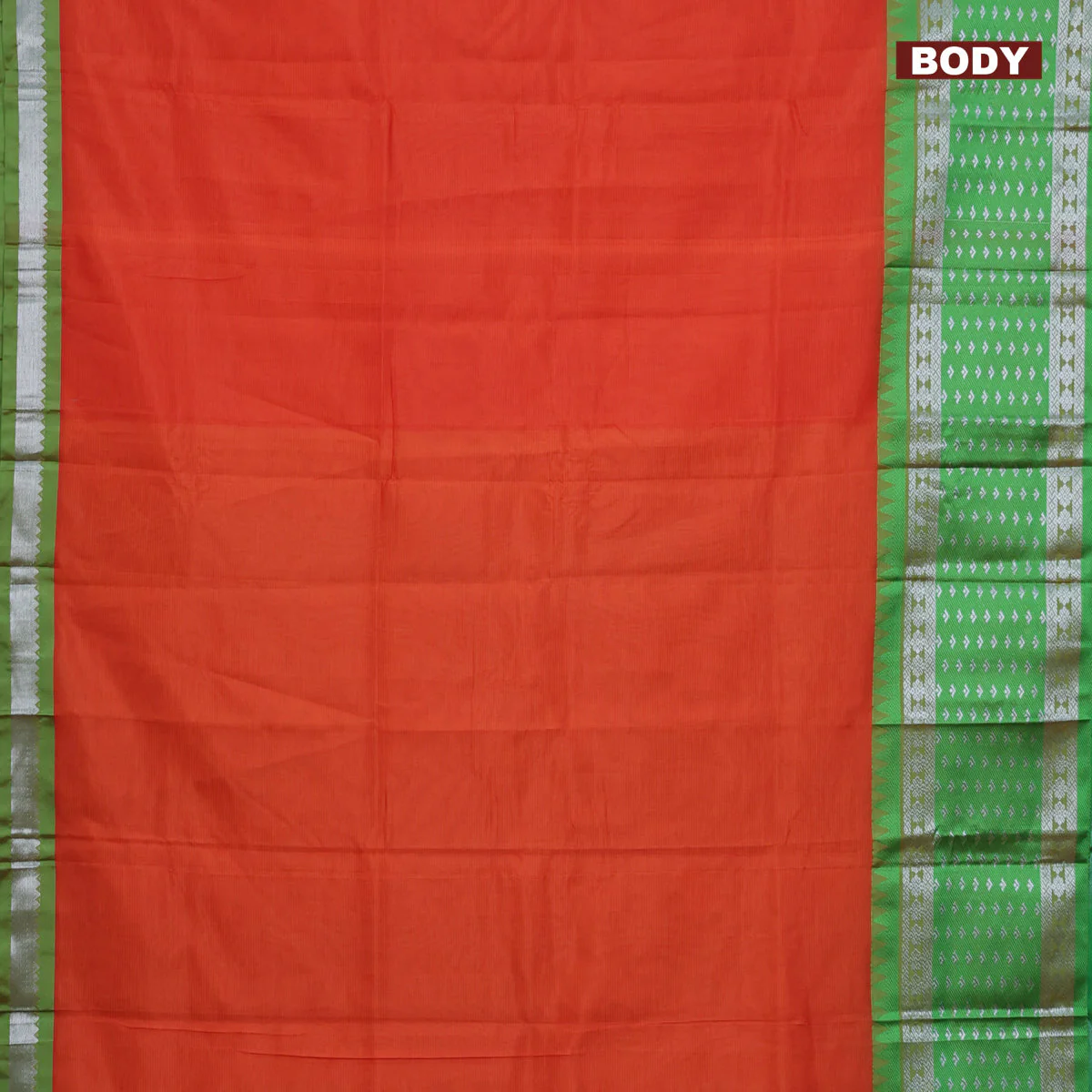 Semi mangalgiri silk saree orange and green with plain body and long temple design silver zari woven border - Image 2