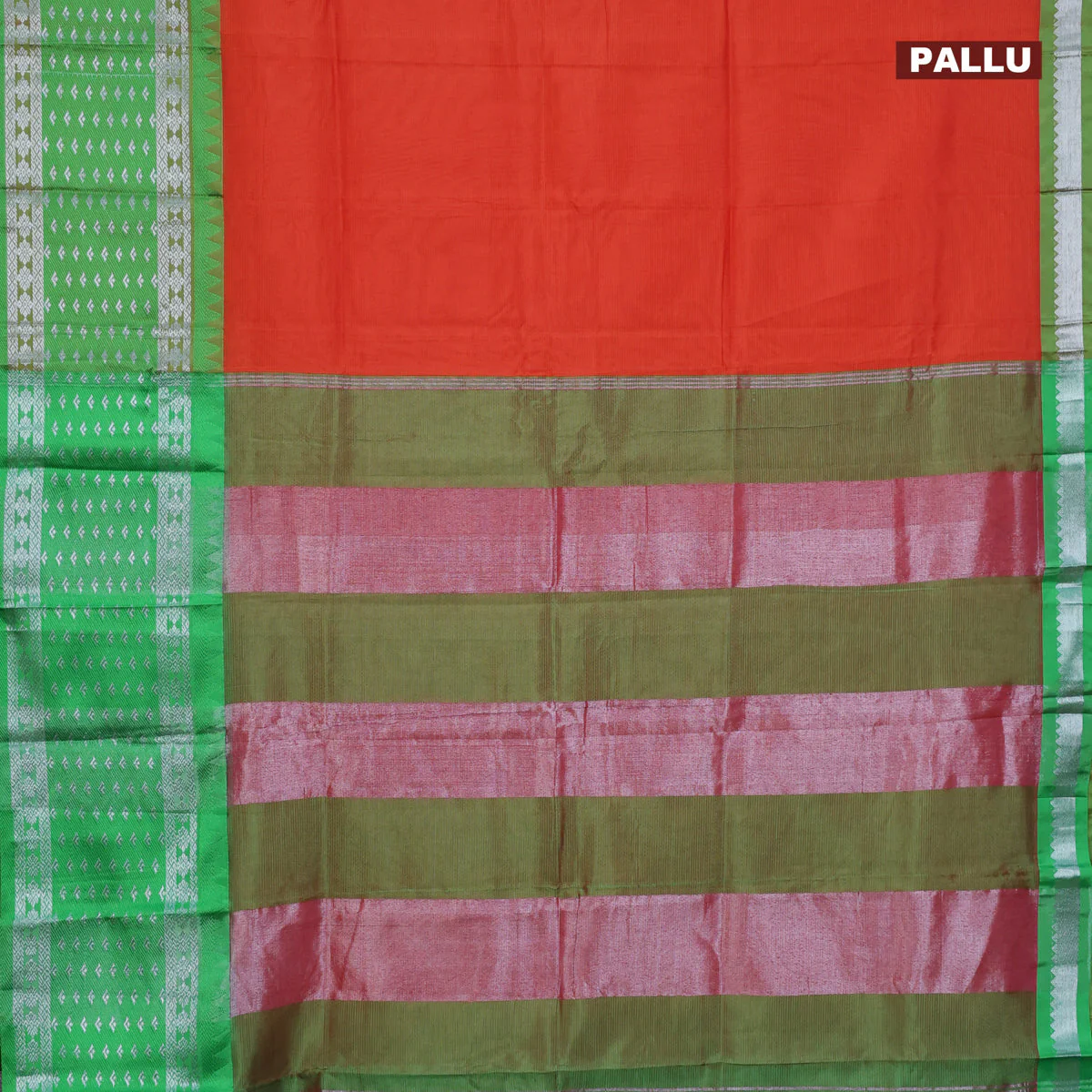 Semi mangalgiri silk saree orange and green with plain body and long temple design silver zari woven border - Image 3