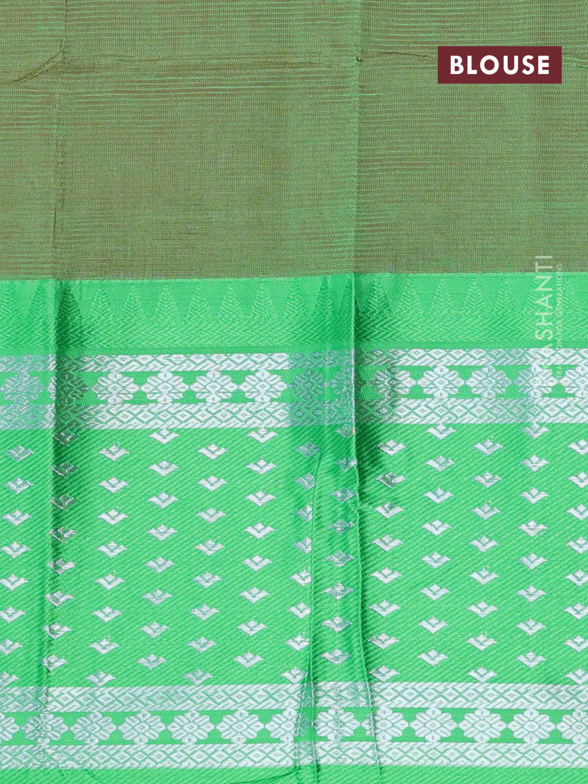 Semi mangalgiri silk saree orange and green with plain body and long temple design silver zari woven border - Image 4